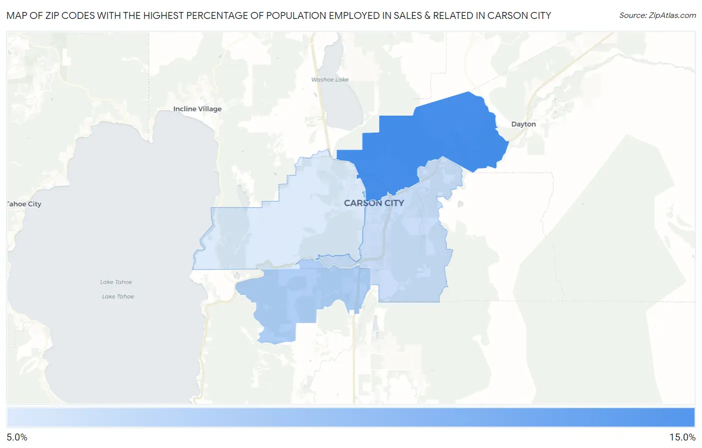 Zip Codes with the Highest Percentage of Population Employed in Sales & Related in Carson City Map