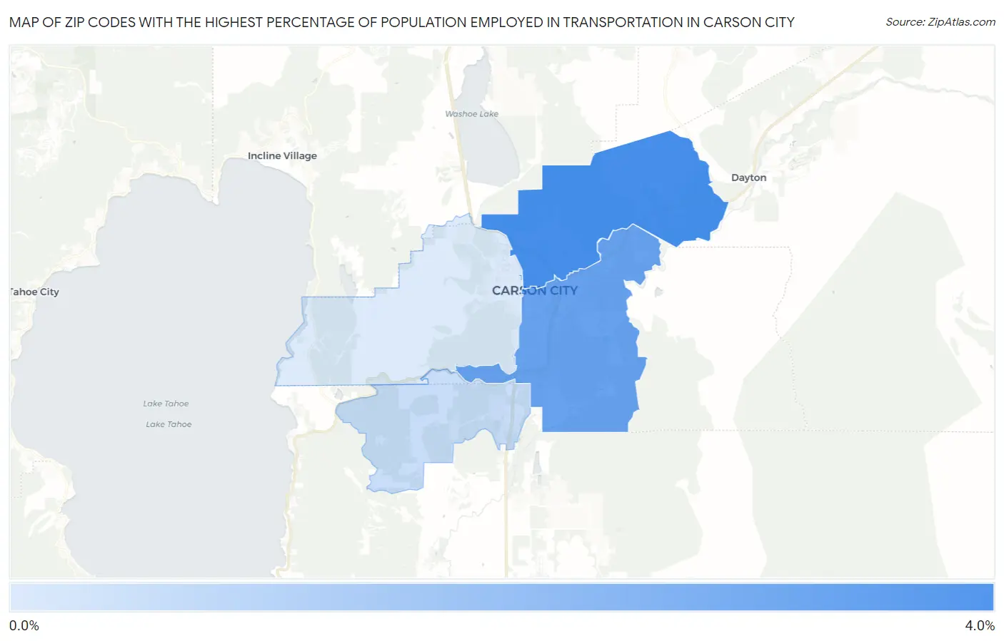 Zip Codes with the Highest Percentage of Population Employed in Transportation in Carson City Map