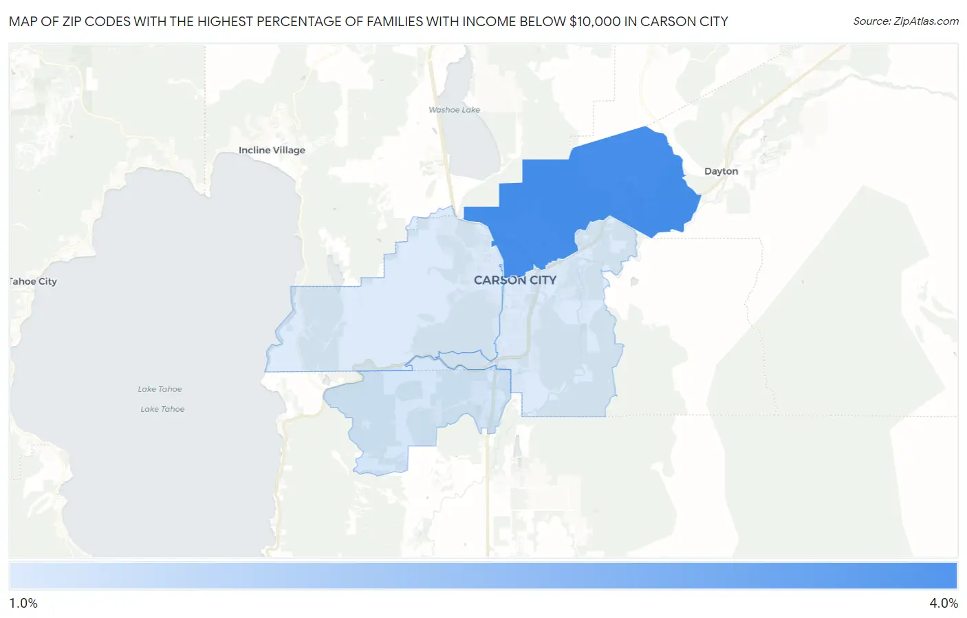 Zip Codes with the Highest Percentage of Families with Income Below $10,000 in Carson City Map