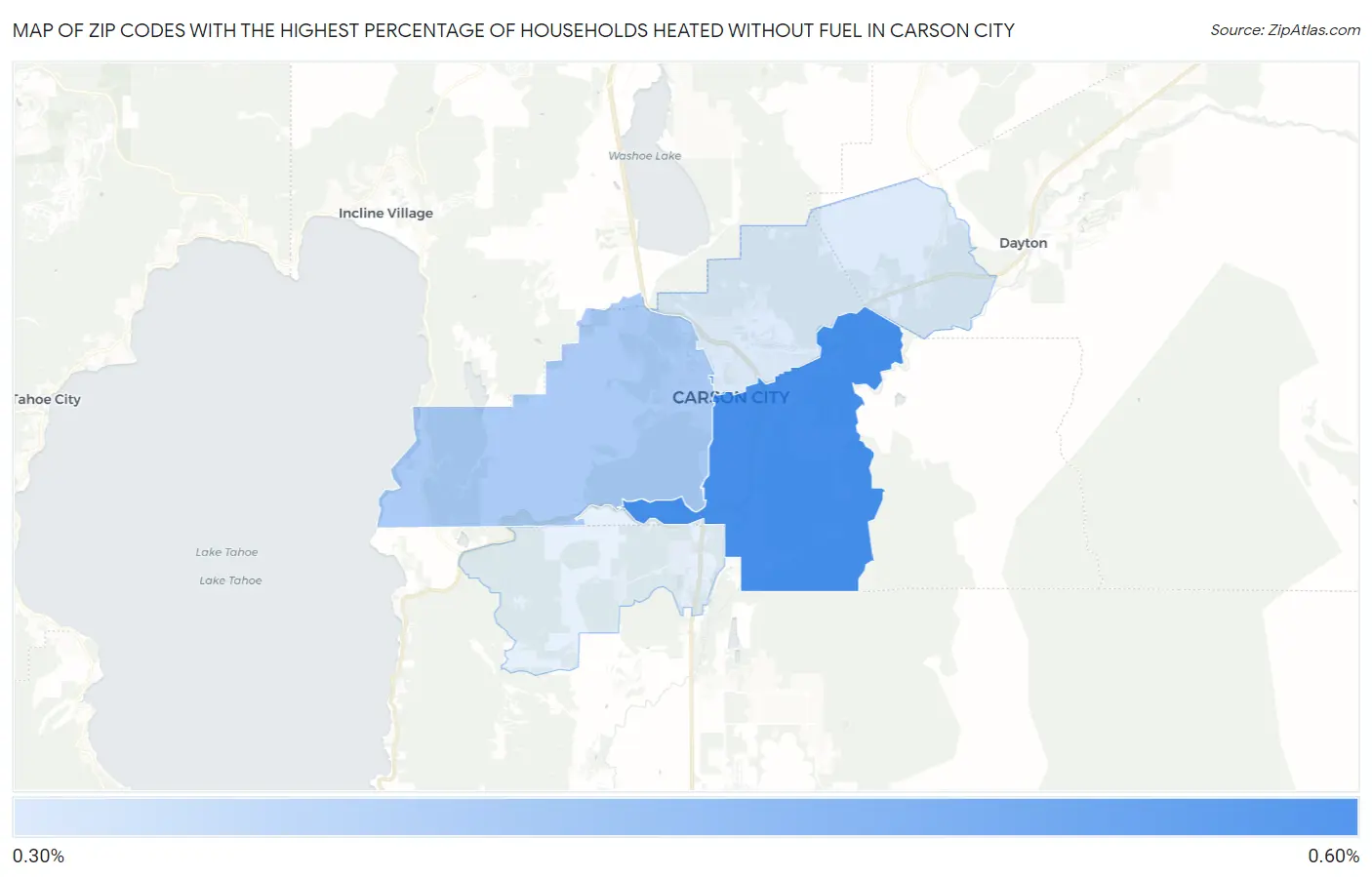 Zip Codes with the Highest Percentage of Households Heated without Fuel in Carson City Map