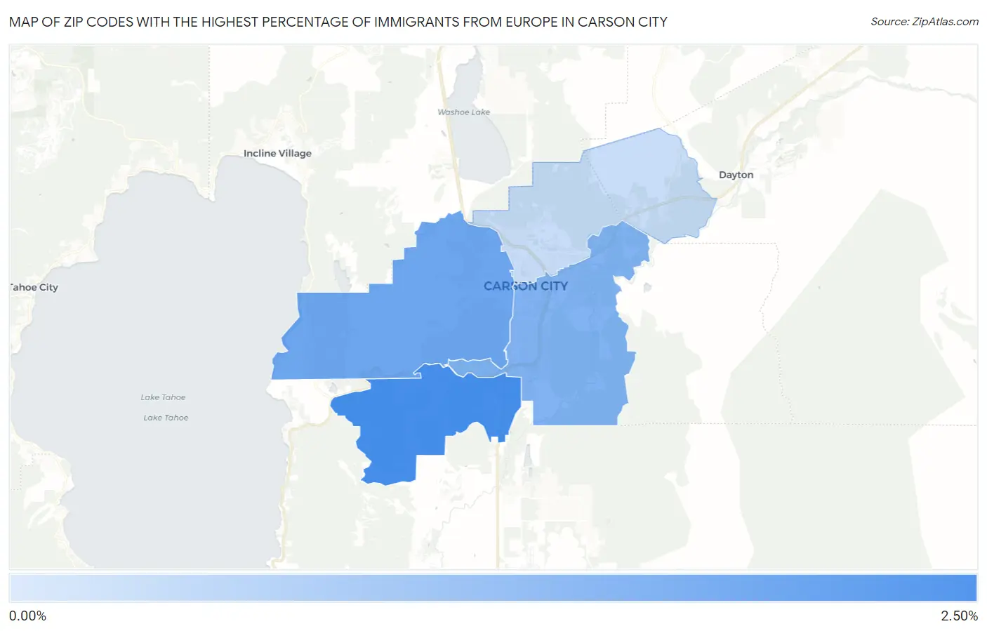 Zip Codes with the Highest Percentage of Immigrants from Europe in Carson City Map