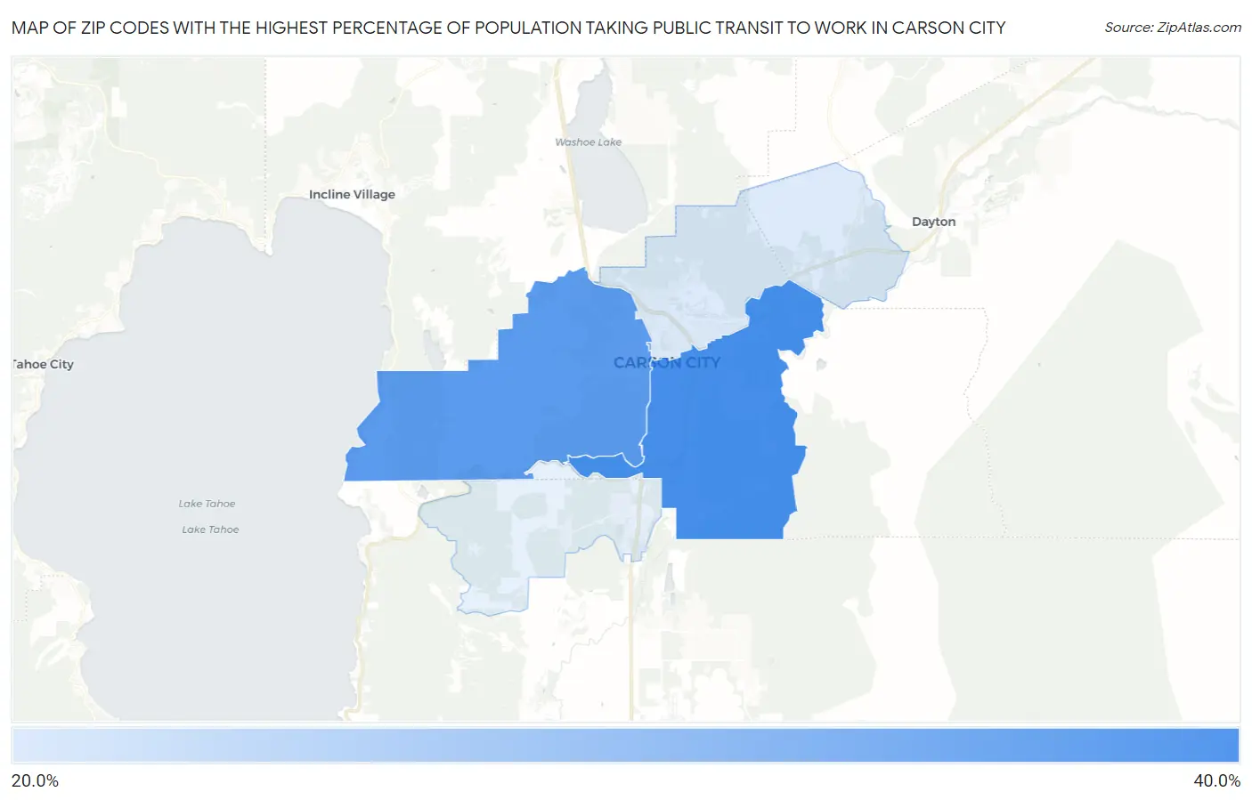 Zip Codes with the Highest Percentage of Population Taking Public Transit to Work in Carson City Map