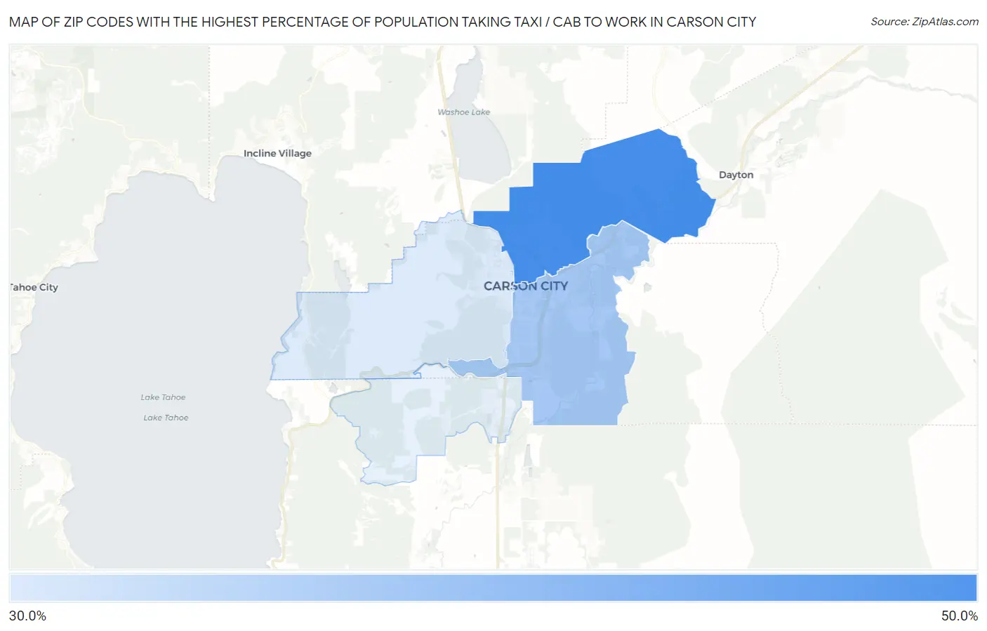 Zip Codes with the Highest Percentage of Population Taking Taxi / Cab to Work in Carson City Map