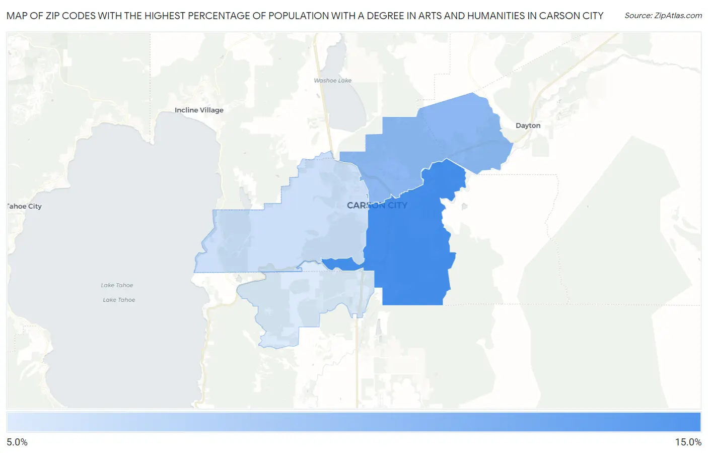 Zip Codes with the Highest Percentage of Population with a Degree in Arts and Humanities in Carson City Map