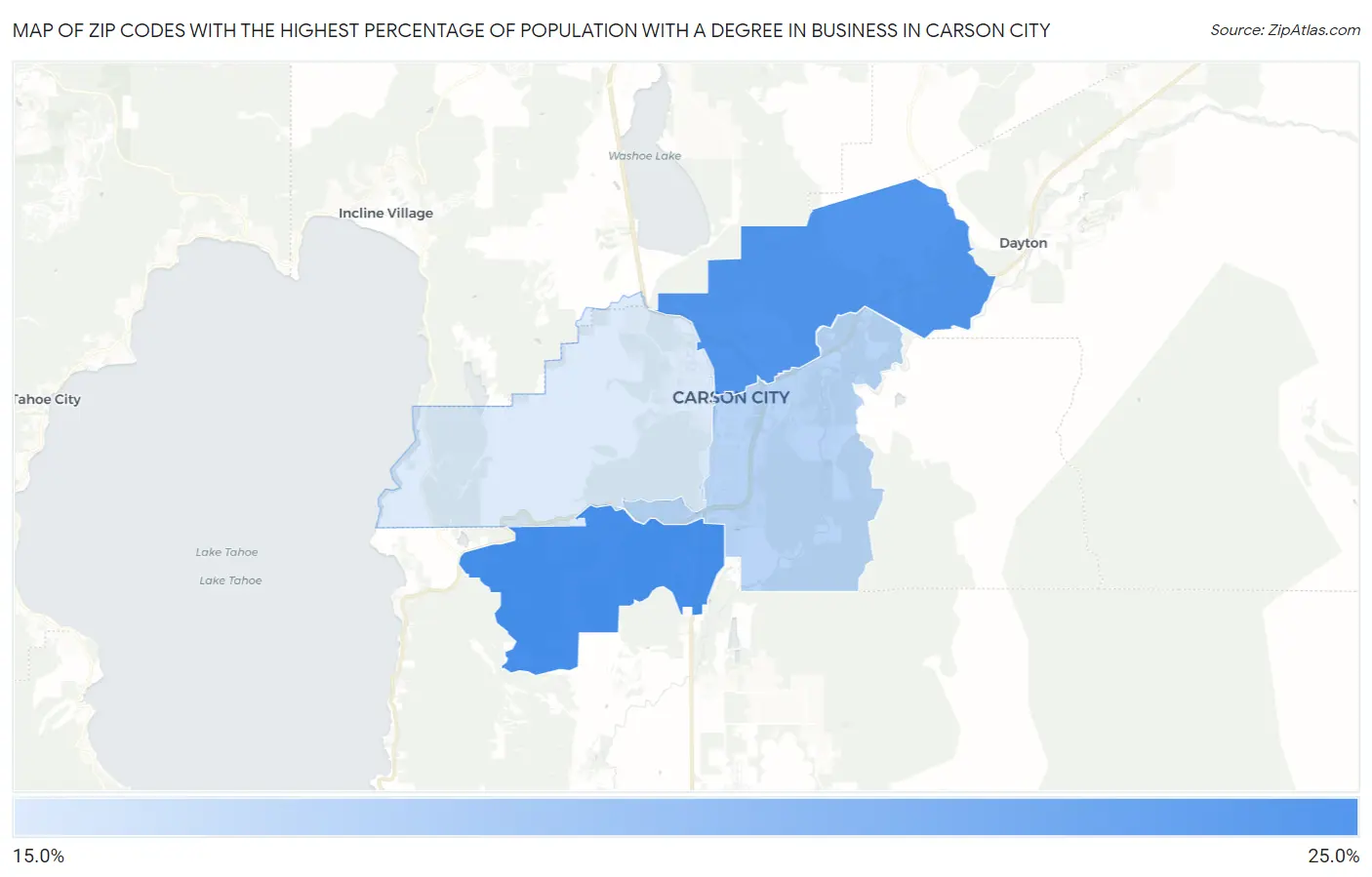Zip Codes with the Highest Percentage of Population with a Degree in Business in Carson City Map