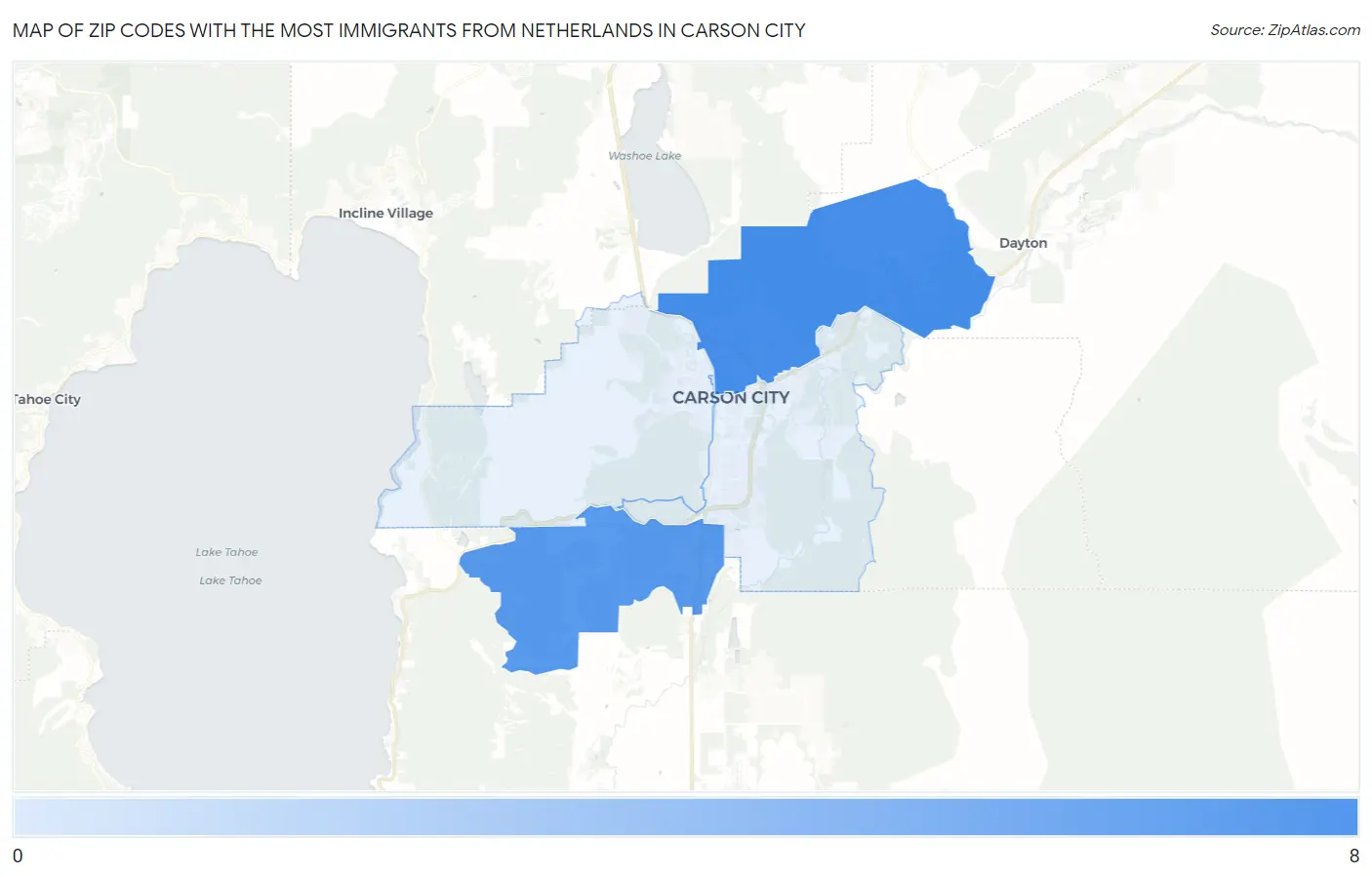 Zip Codes with the Most Immigrants from Netherlands in Carson City Map