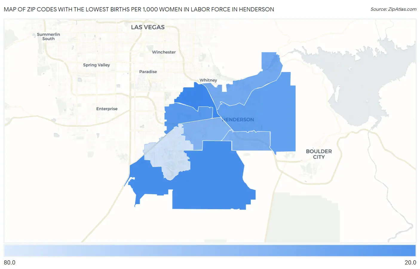 Zip Codes with the Lowest Births per 1,000 Women in Labor Force in Henderson Map