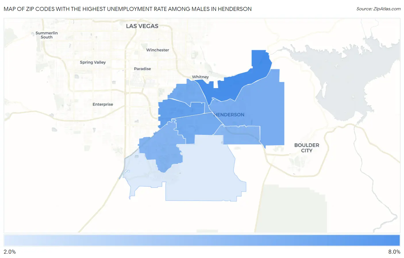 Zip Codes with the Highest Unemployment Rate Among Males in Henderson Map