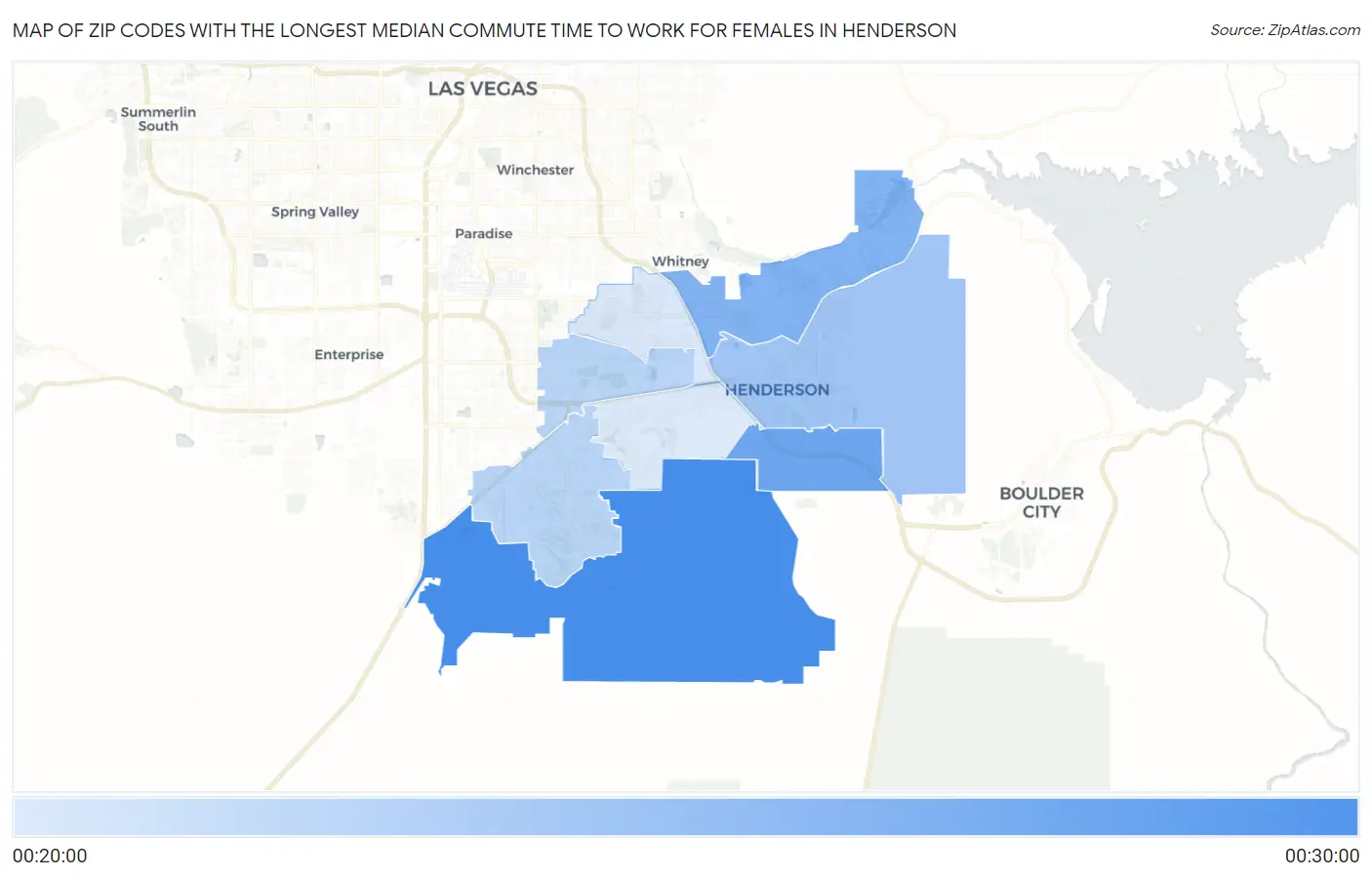 Zip Codes with the Longest Median Commute Time to Work for Females in Henderson Map