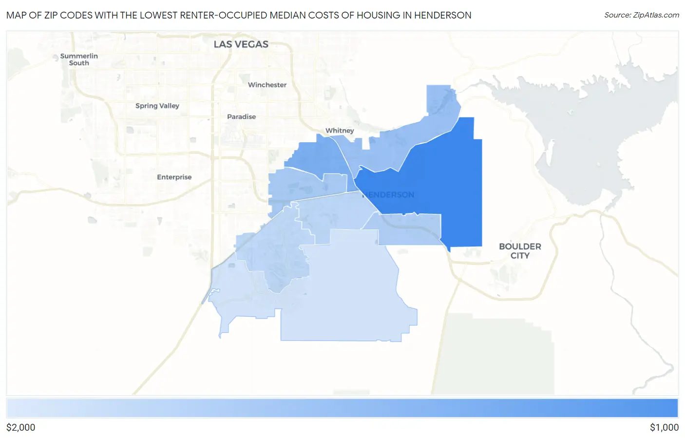 Zip Codes with the Lowest Renter-Occupied Median Costs of Housing in Henderson Map