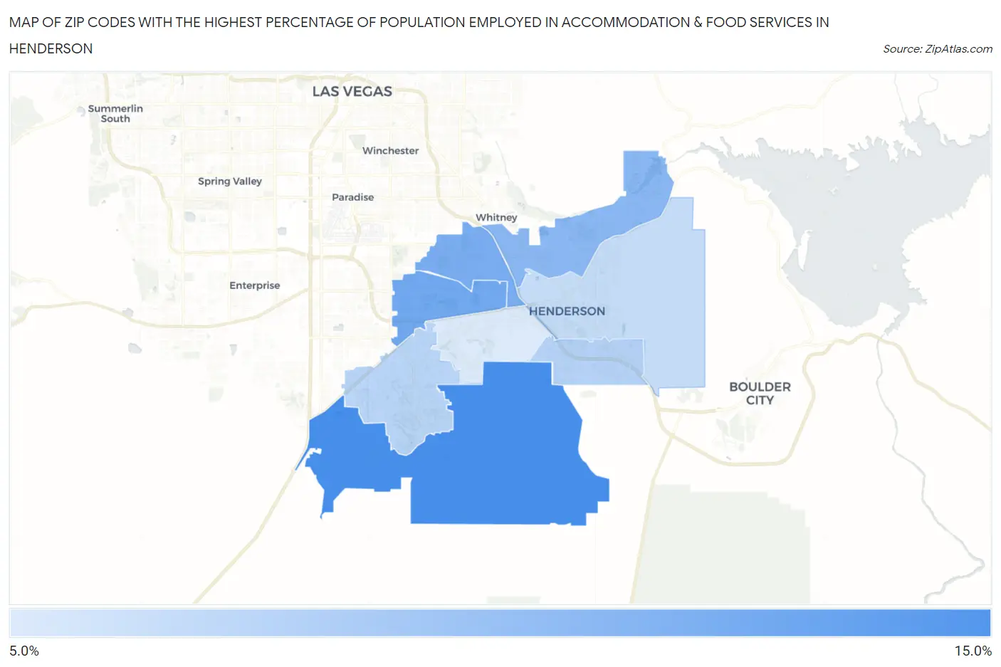 Zip Codes with the Highest Percentage of Population Employed in Accommodation & Food Services in Henderson Map