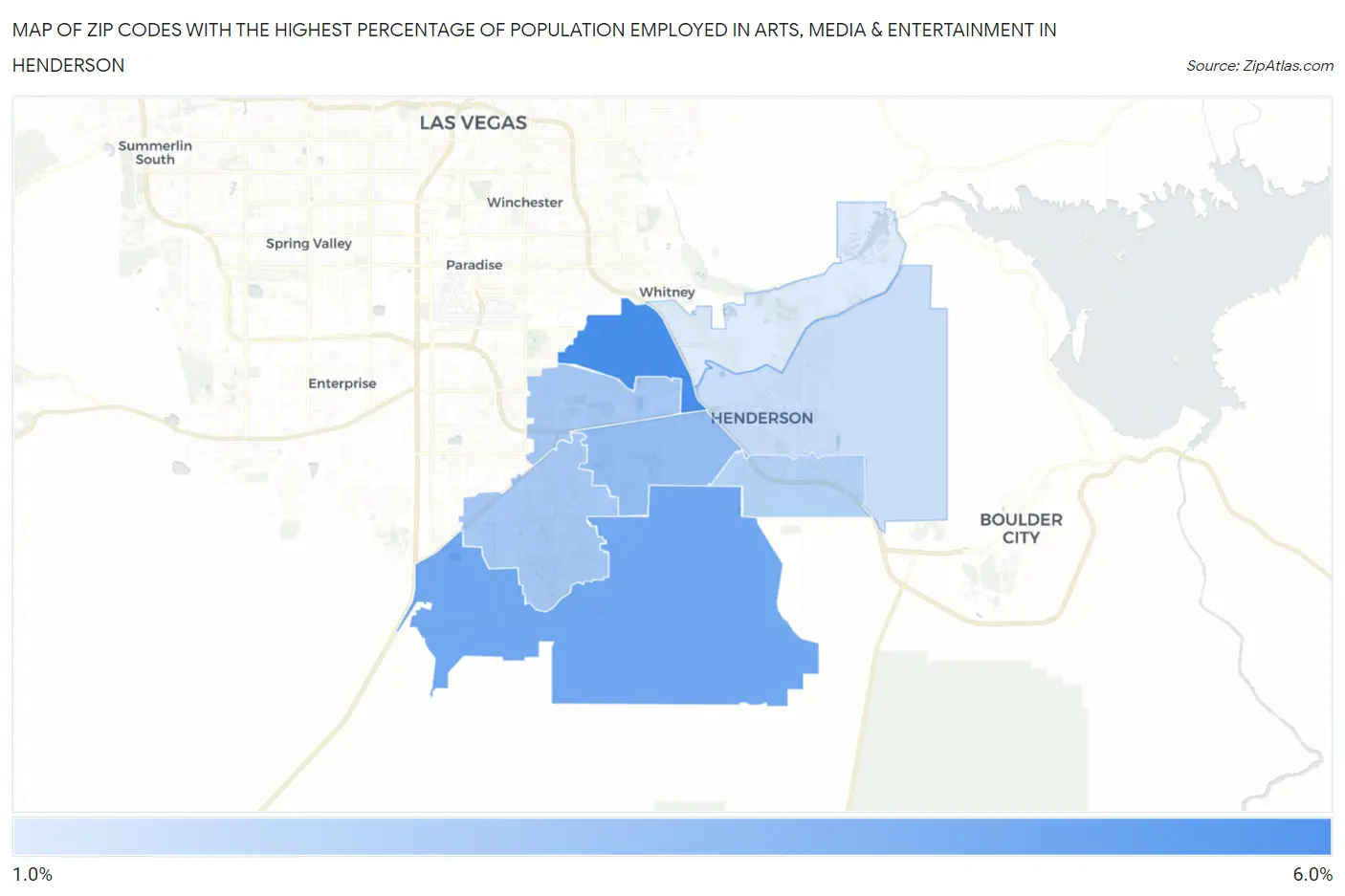 Zip Codes with the Highest Percentage of Population Employed in Arts, Media & Entertainment in Henderson Map