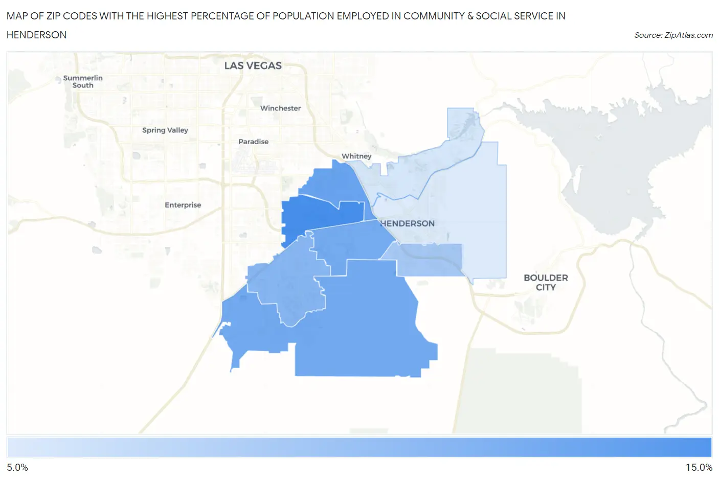 Zip Codes with the Highest Percentage of Population Employed in Community & Social Service  in Henderson Map