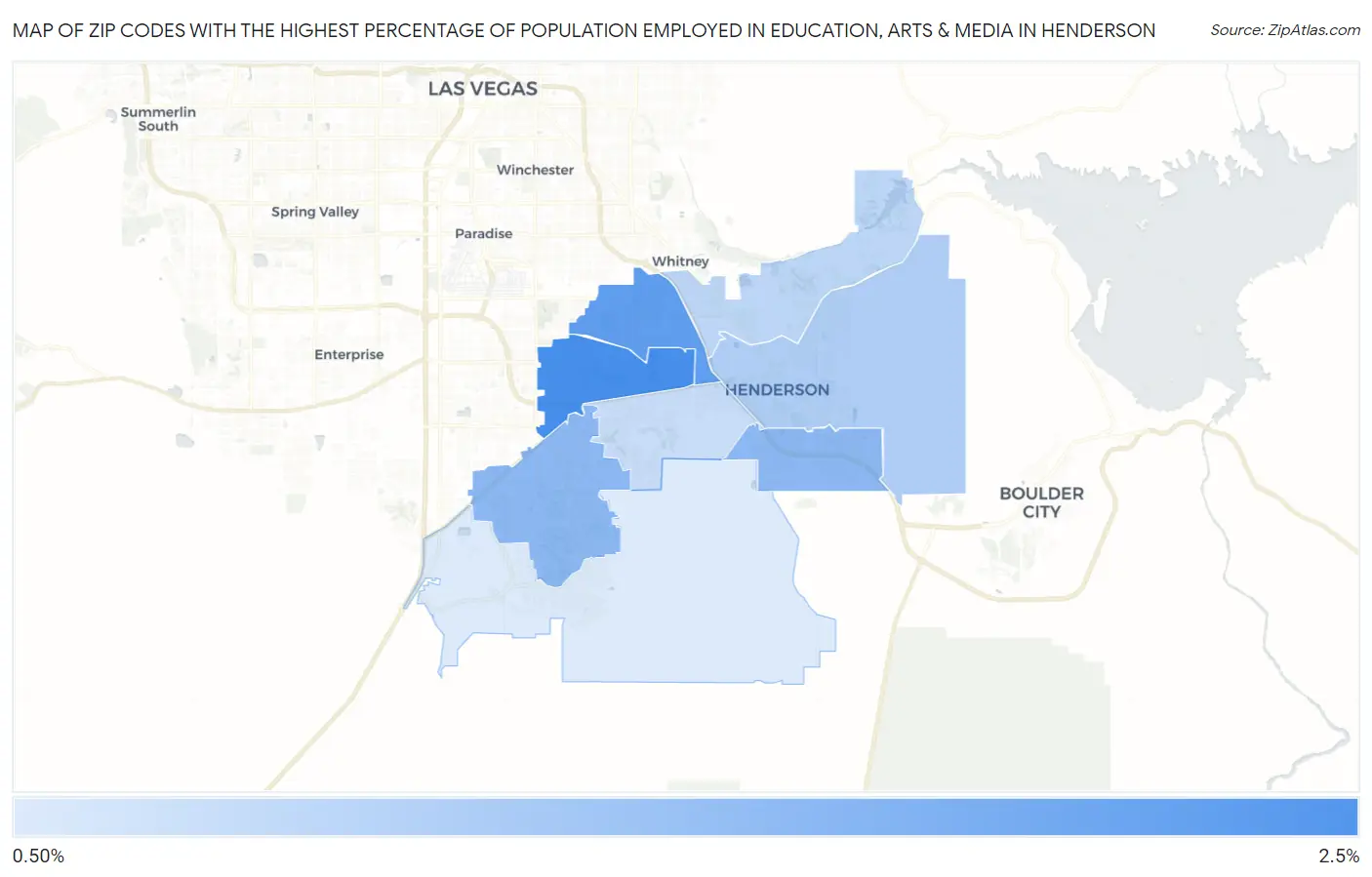 Zip Codes with the Highest Percentage of Population Employed in Education, Arts & Media in Henderson Map
