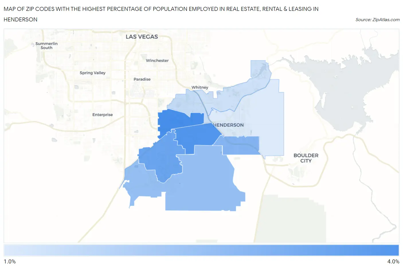 Zip Codes with the Highest Percentage of Population Employed in Real Estate, Rental & Leasing in Henderson Map