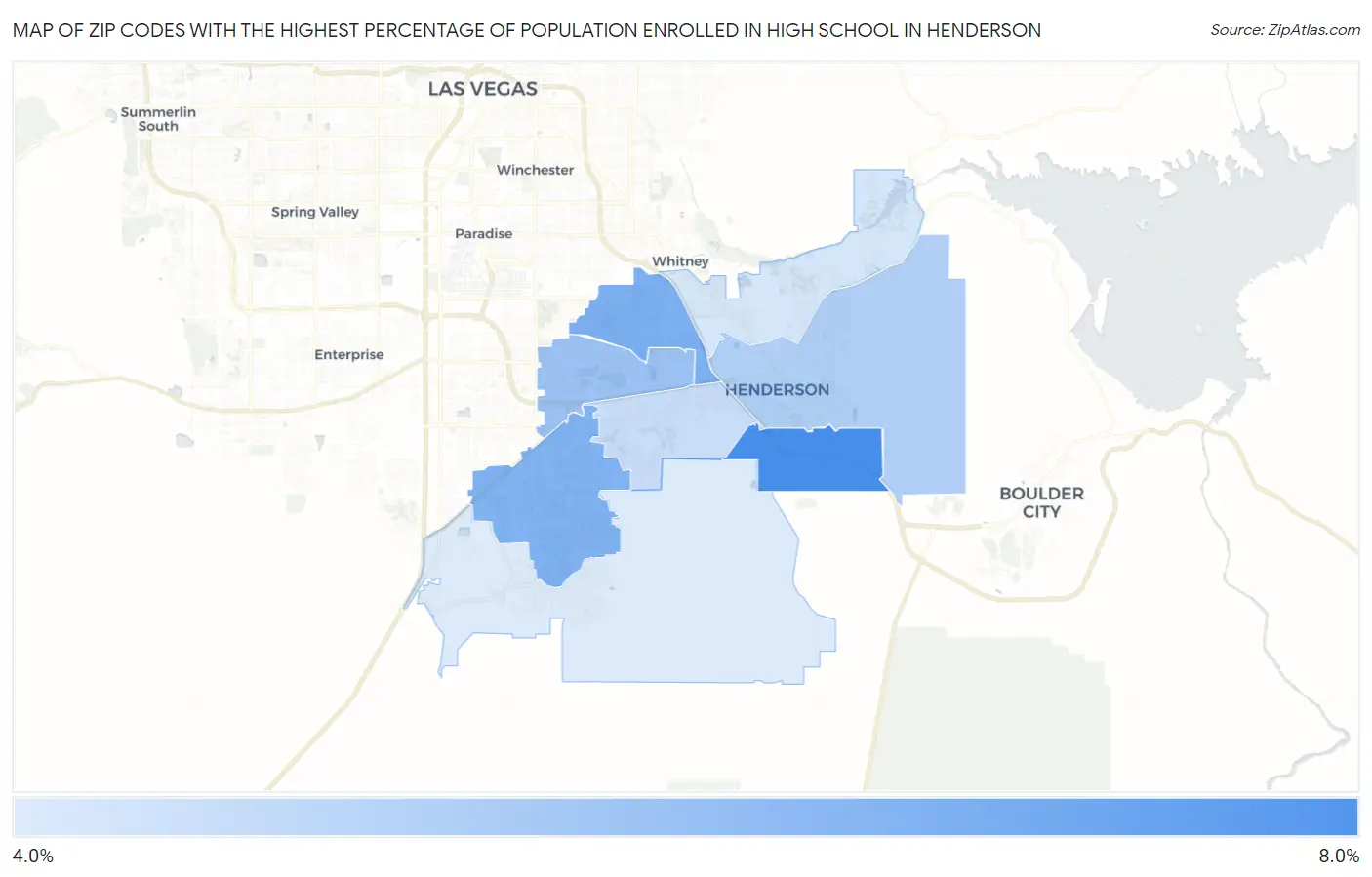 Zip Codes with the Highest Percentage of Population Enrolled in High School in Henderson Map