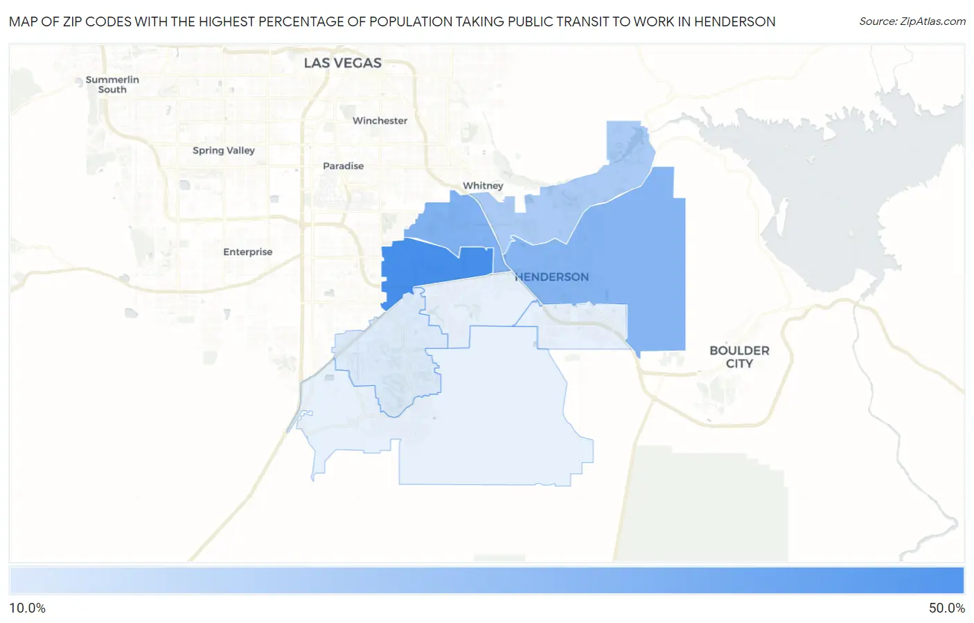 Zip Codes with the Highest Percentage of Population Taking Public Transit to Work in Henderson Map