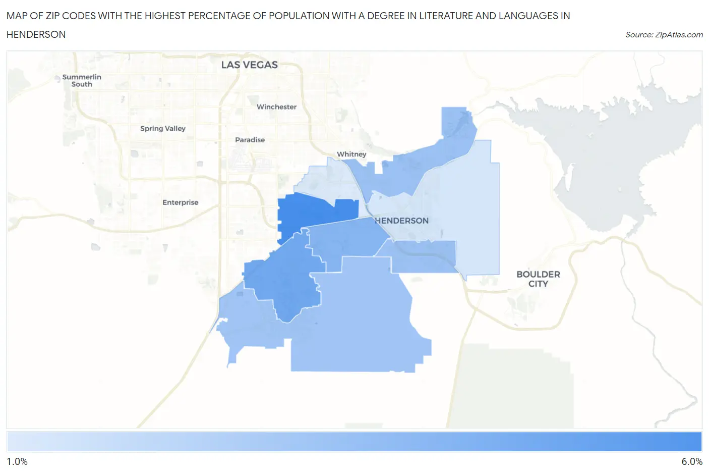 Zip Codes with the Highest Percentage of Population with a Degree in Literature and Languages in Henderson Map