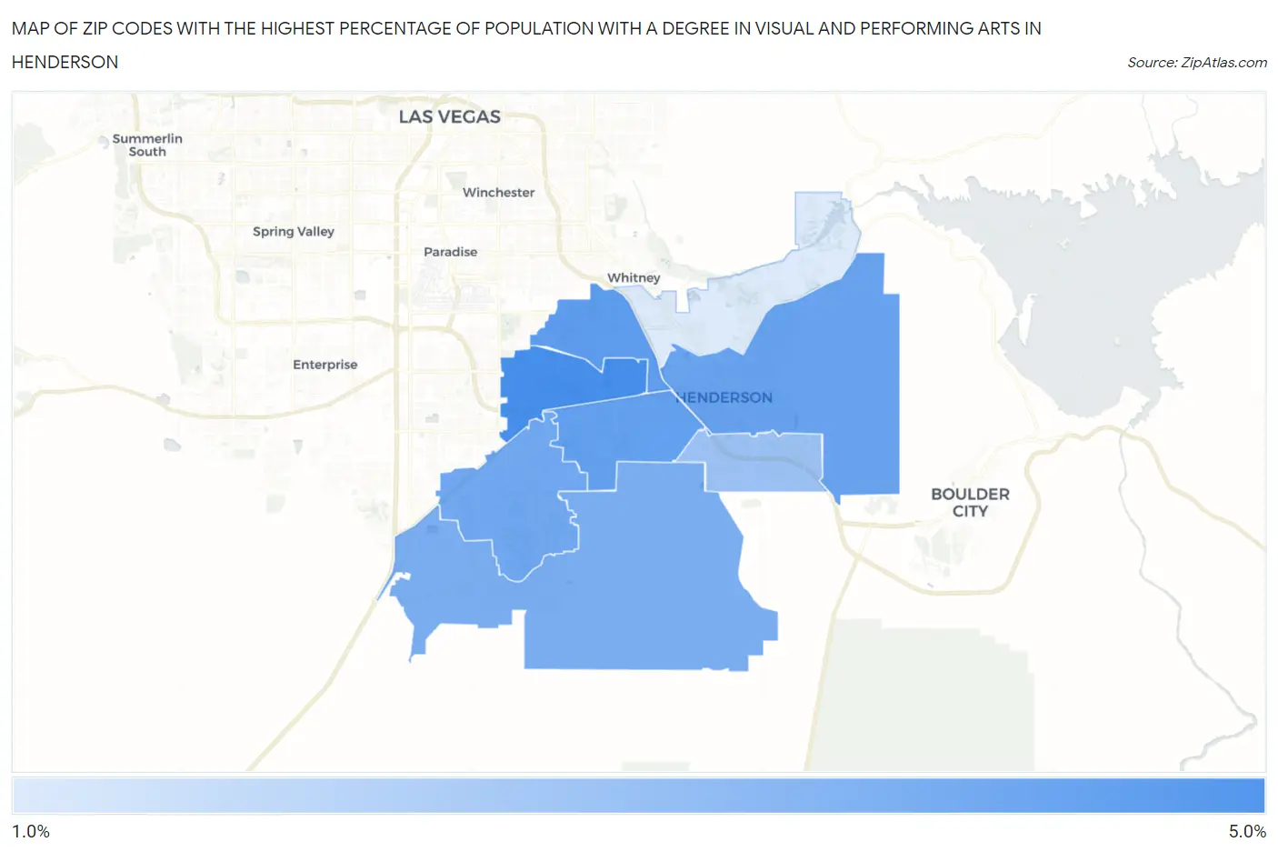 Zip Codes with the Highest Percentage of Population with a Degree in Visual and Performing Arts in Henderson Map