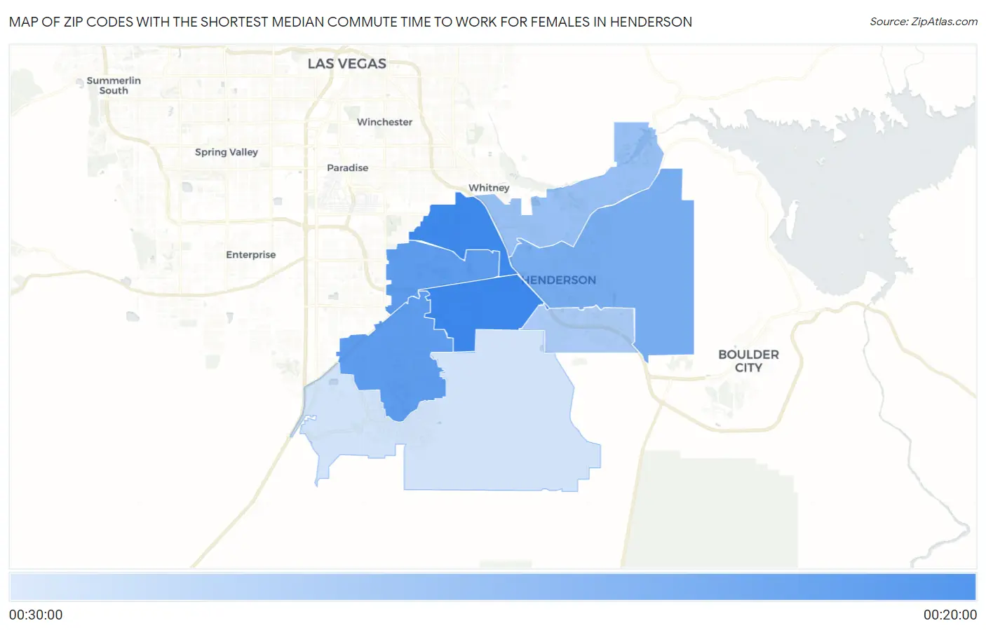 Zip Codes with the Shortest Median Commute Time to Work for Females in Henderson Map