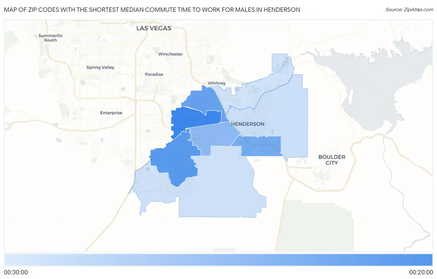 Zip Codes with the Shortest Median Commute Time to Work for Males in Henderson Map