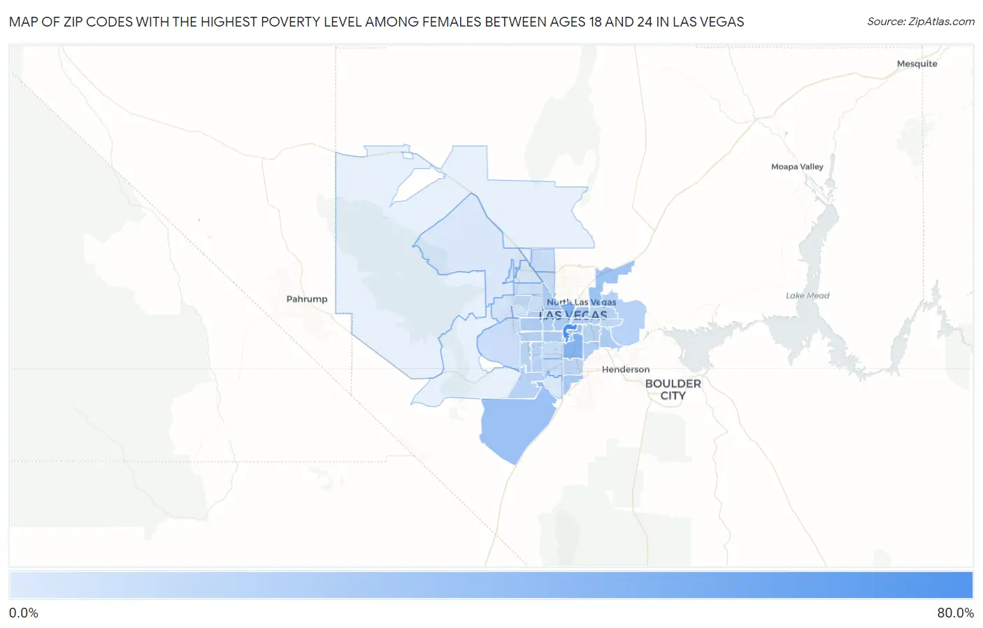 Zip Codes with the Highest Poverty Level Among Females Between Ages 18 and 24 in Las Vegas Map