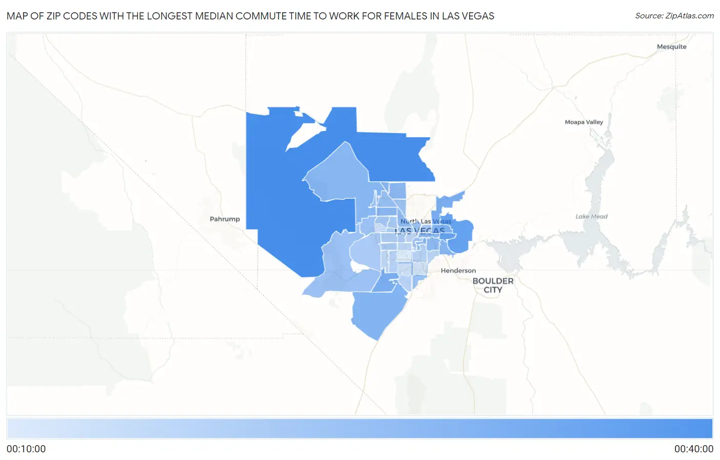 Zip Codes with the Longest Median Commute Time to Work for Females in Las Vegas Map