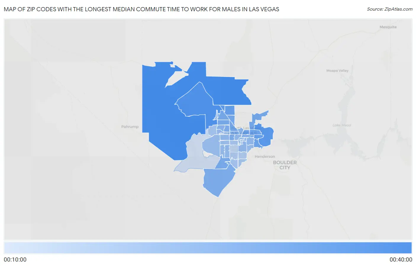 Zip Codes with the Longest Median Commute Time to Work for Males in Las Vegas Map