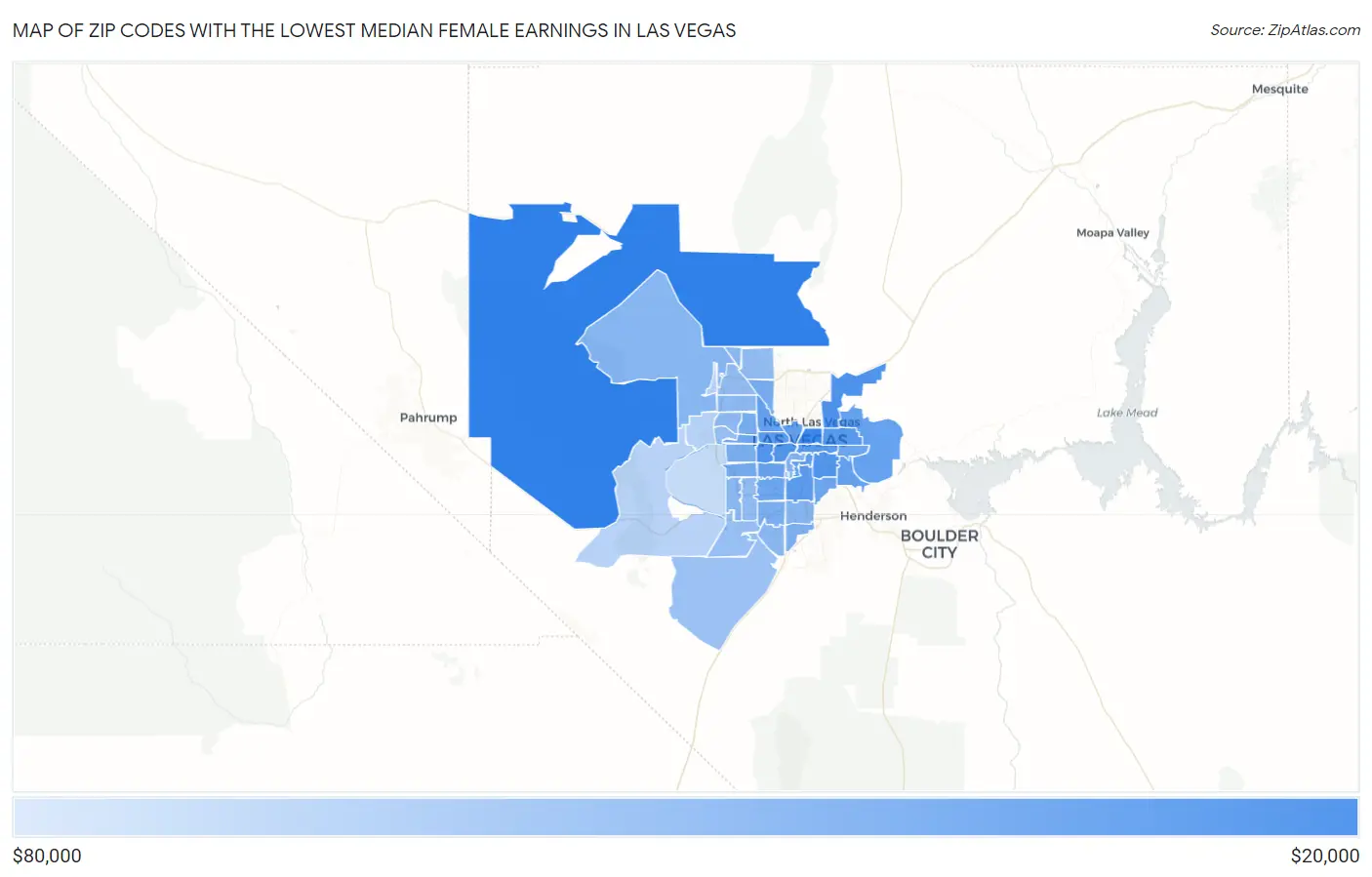 Zip Codes with the Lowest Median Female Earnings in Las Vegas Map