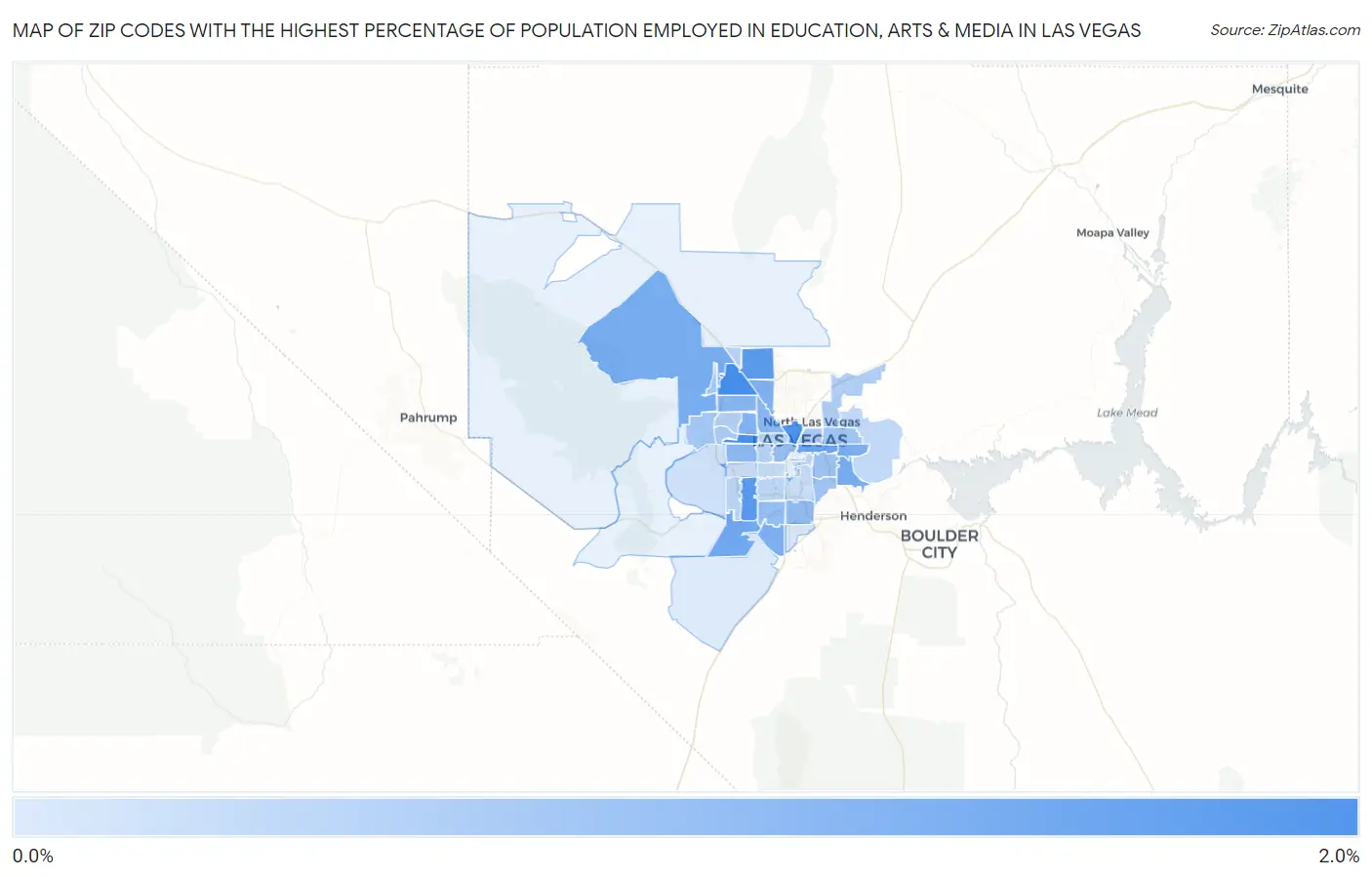 Zip Codes with the Highest Percentage of Population Employed in Education, Arts & Media in Las Vegas Map