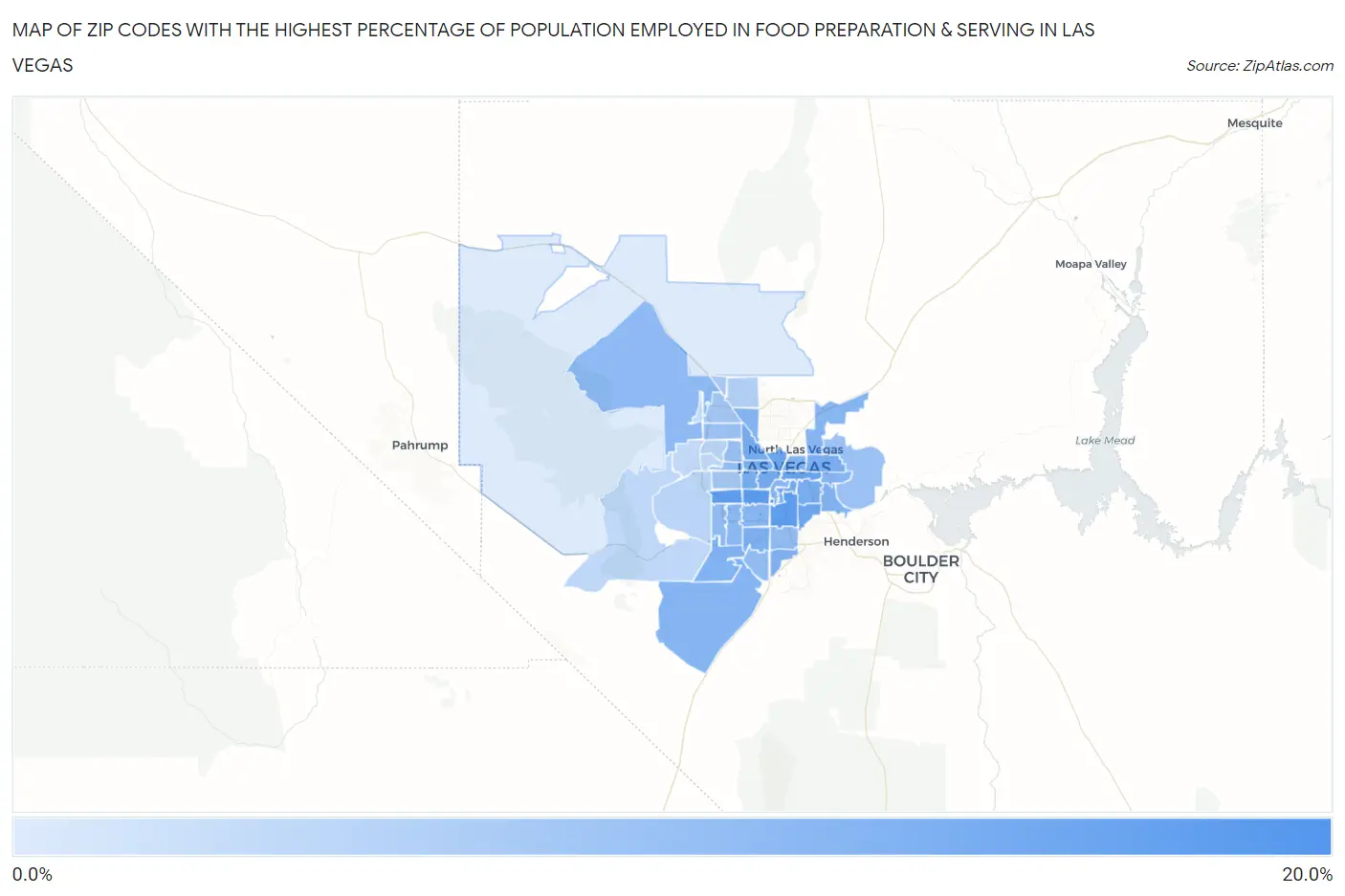 Zip Codes with the Highest Percentage of Population Employed in Food Preparation & Serving in Las Vegas Map