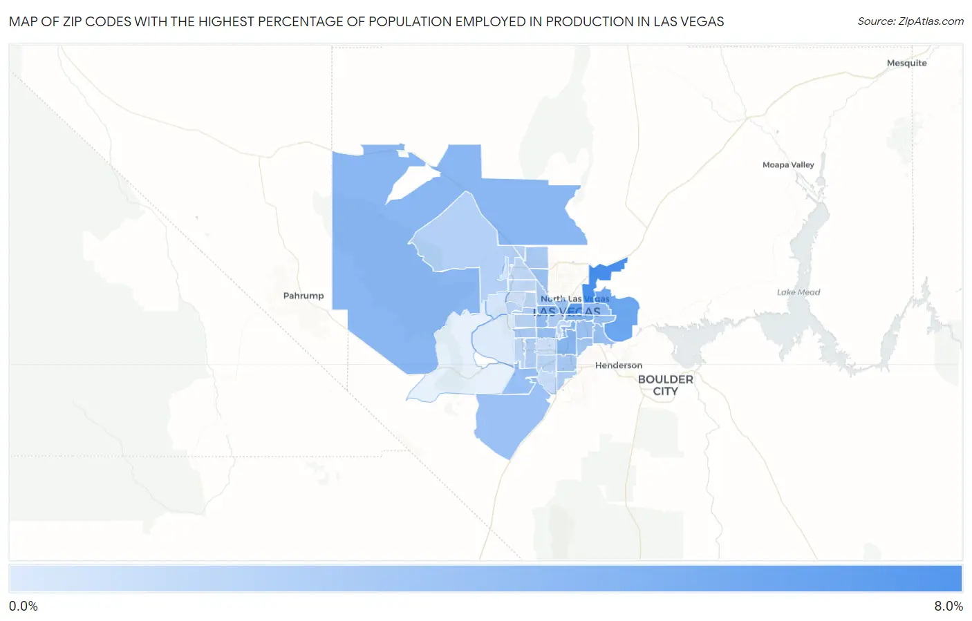 Zip Codes with the Highest Percentage of Population Employed in Production in Las Vegas Map