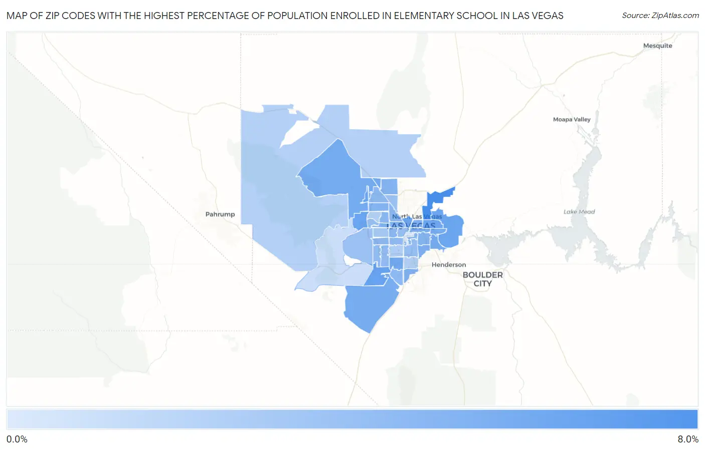 Zip Codes with the Highest Percentage of Population Enrolled in Elementary School in Las Vegas Map