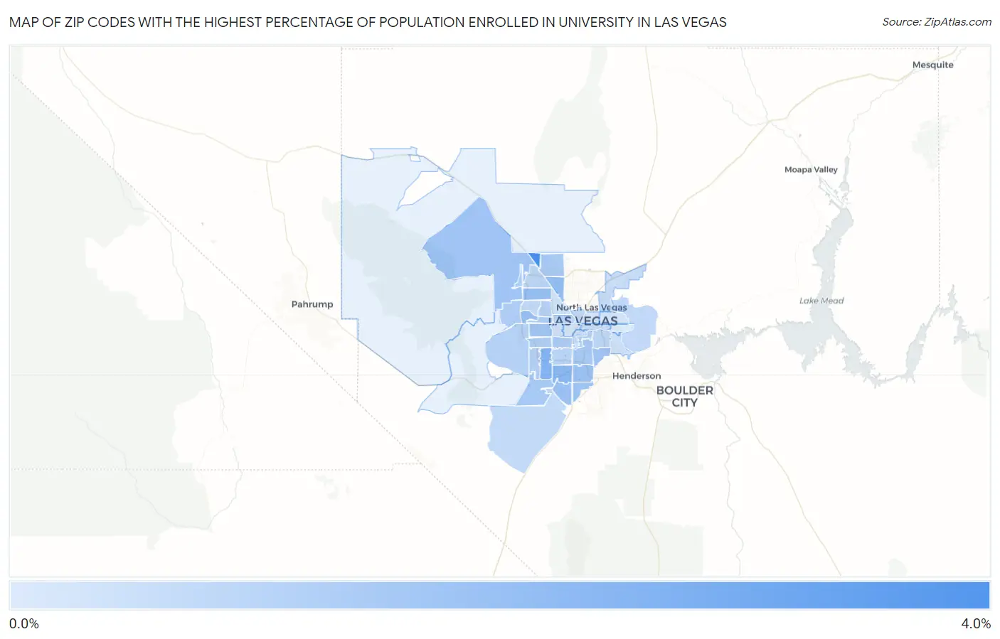 Zip Codes with the Highest Percentage of Population Enrolled in University in Las Vegas Map