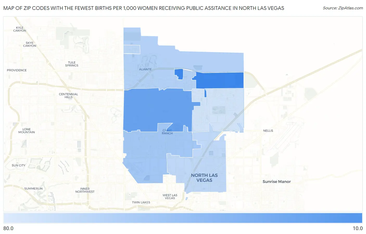 Zip Codes with the Fewest Births per 1,000 Women Receiving Public Assitance in North Las Vegas Map