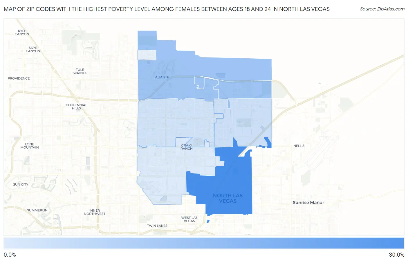 Zip Codes with the Highest Poverty Level Among Females Between Ages 18 and 24 in North Las Vegas Map