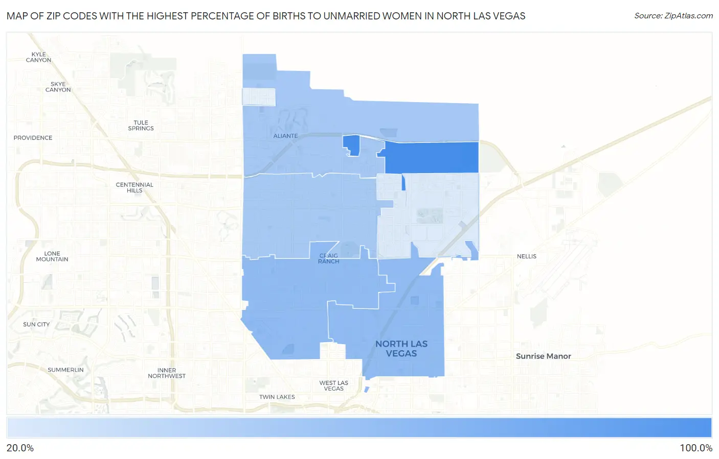 Zip Codes with the Highest Percentage of Births to Unmarried Women in North Las Vegas Map