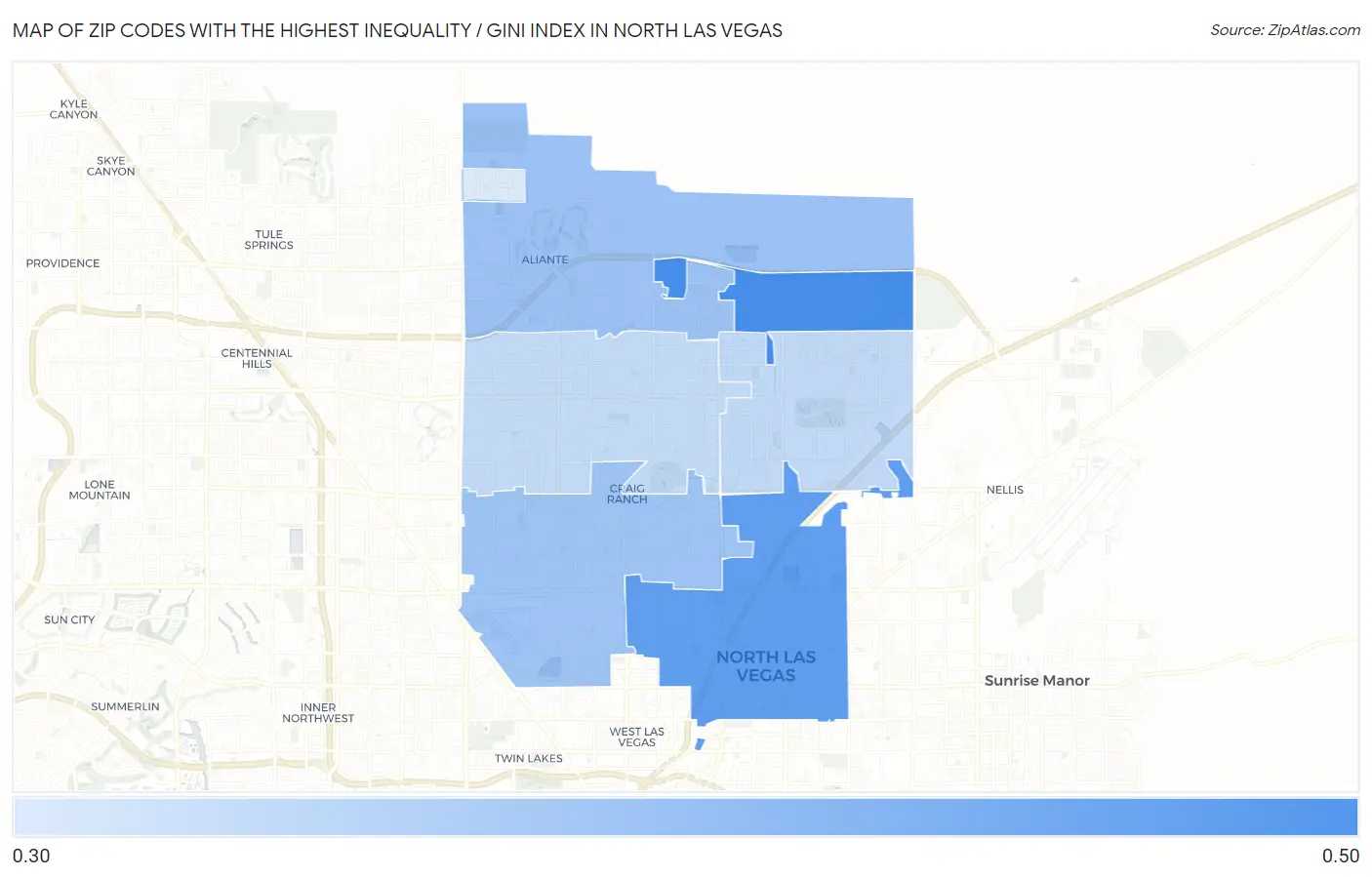 Zip Codes with the Highest Inequality / Gini Index in North Las Vegas Map