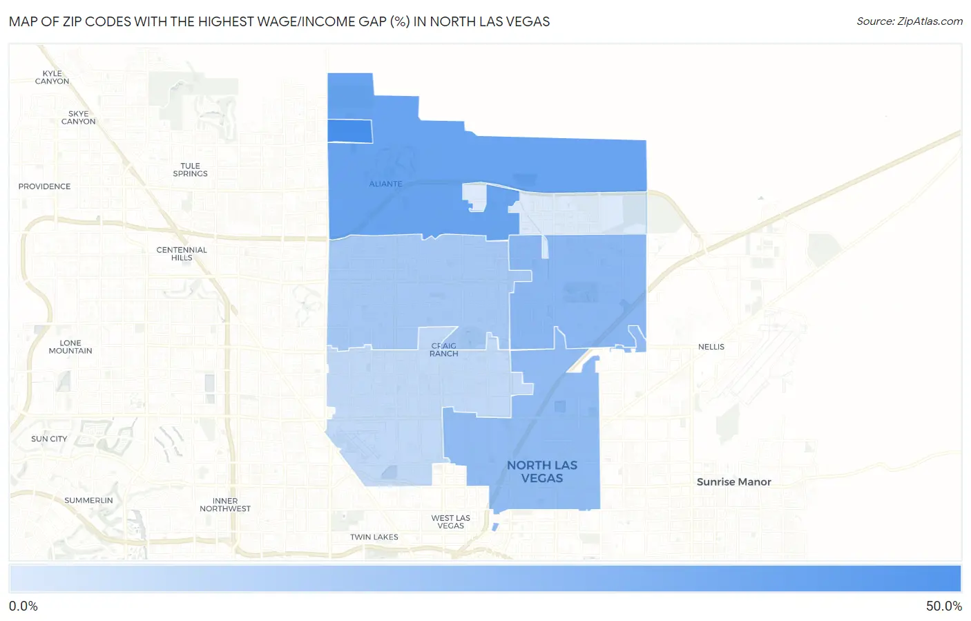 Zip Codes with the Highest Wage/Income Gap (%) in North Las Vegas Map