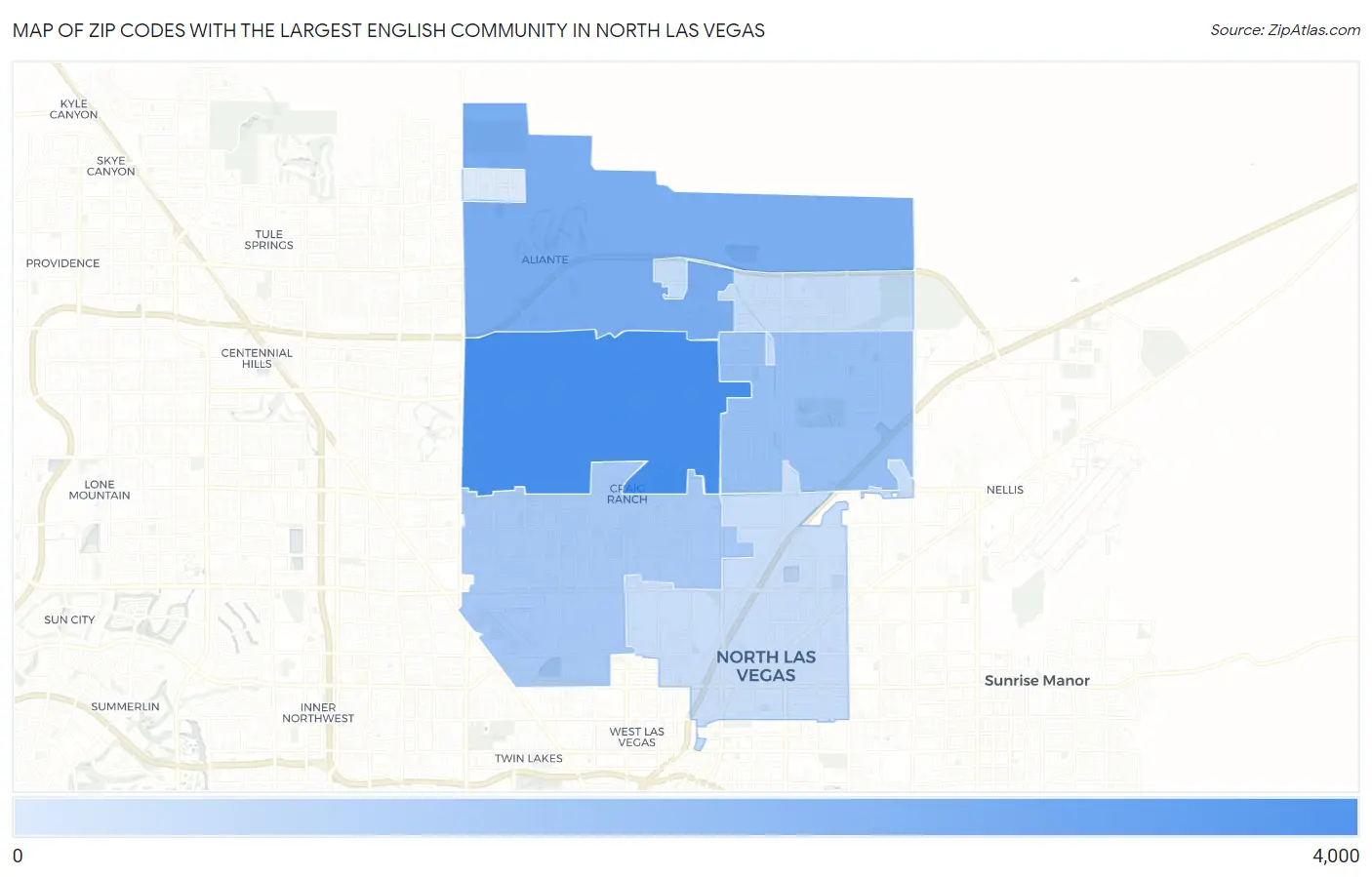 Zip Codes with the Largest English Community in North Las Vegas Map