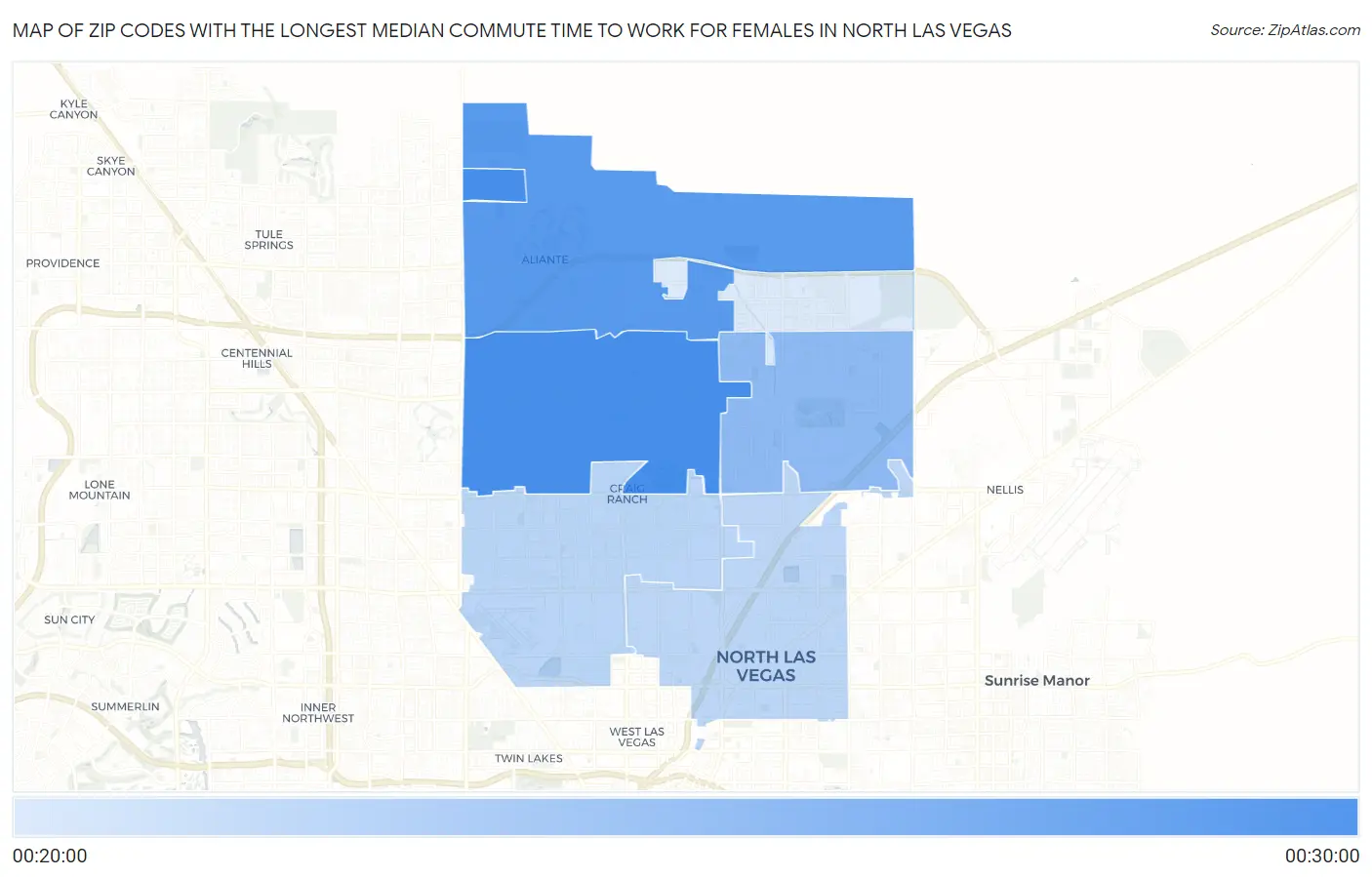 Zip Codes with the Longest Median Commute Time to Work for Females in North Las Vegas Map