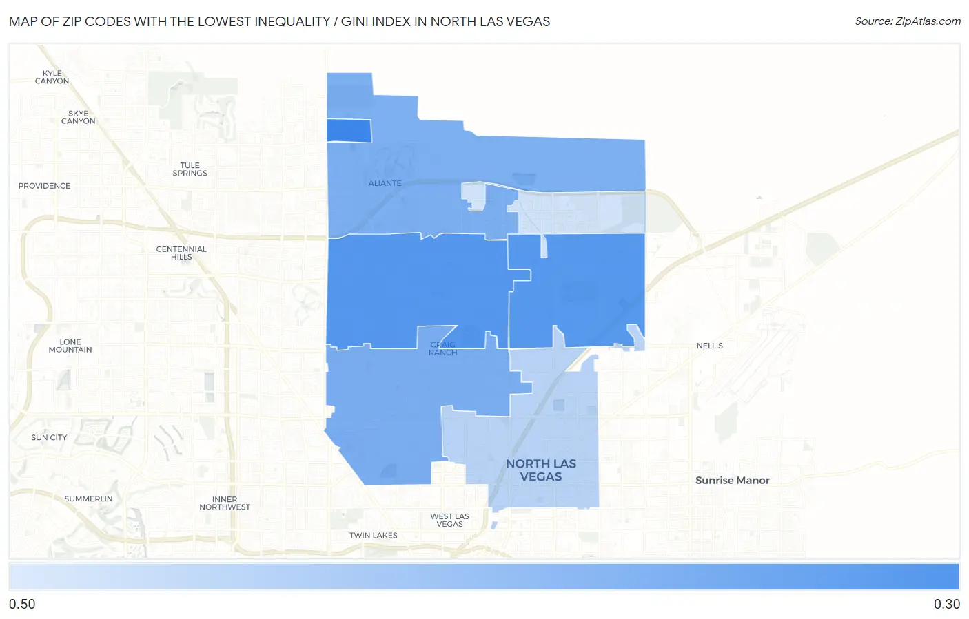 Zip Codes with the Lowest Inequality / Gini Index in North Las Vegas Map