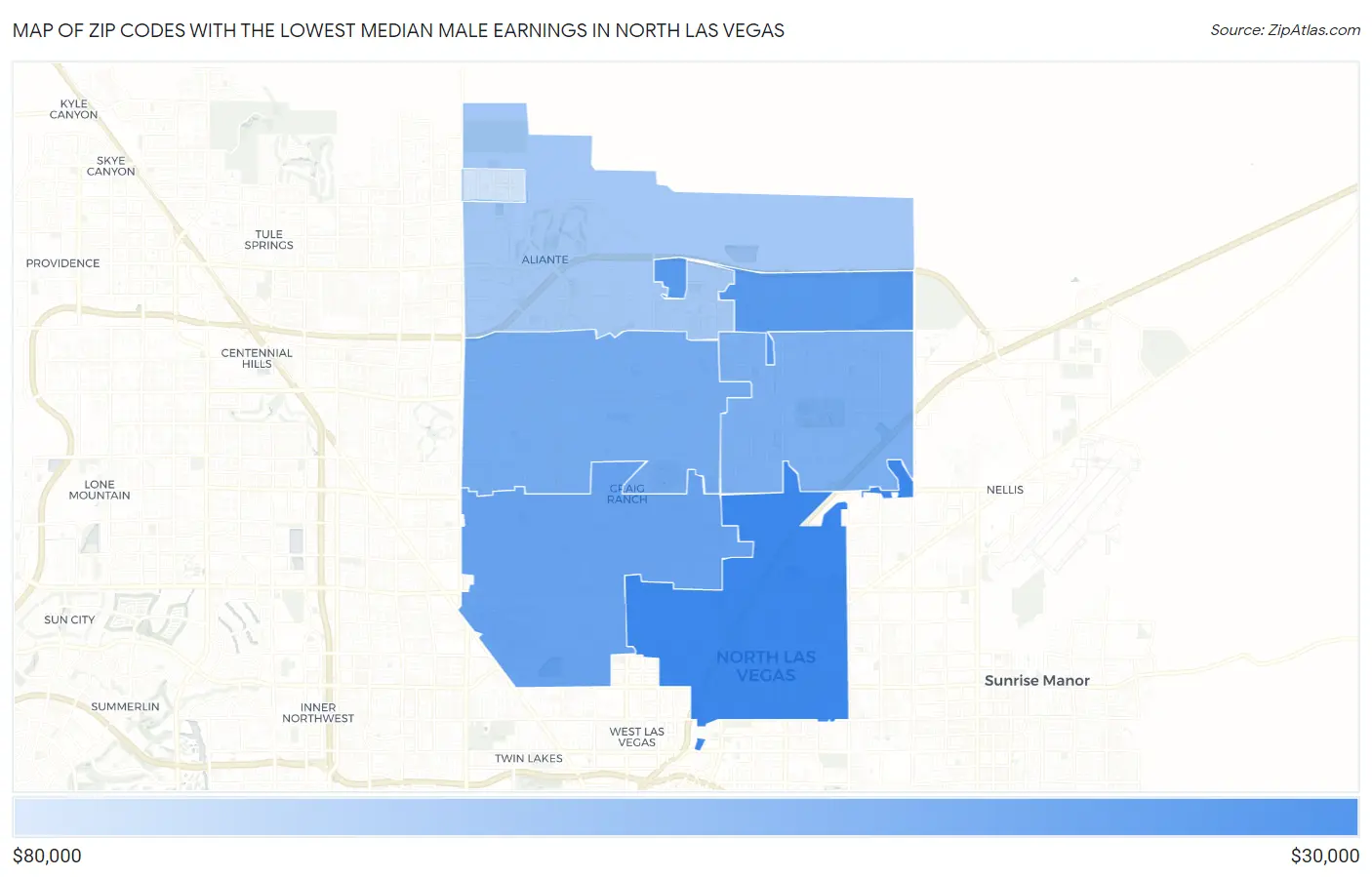 Zip Codes with the Lowest Median Male Earnings in North Las Vegas Map