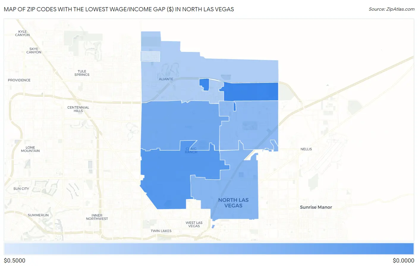 Zip Codes with the Lowest Wage/Income Gap ($) in North Las Vegas Map