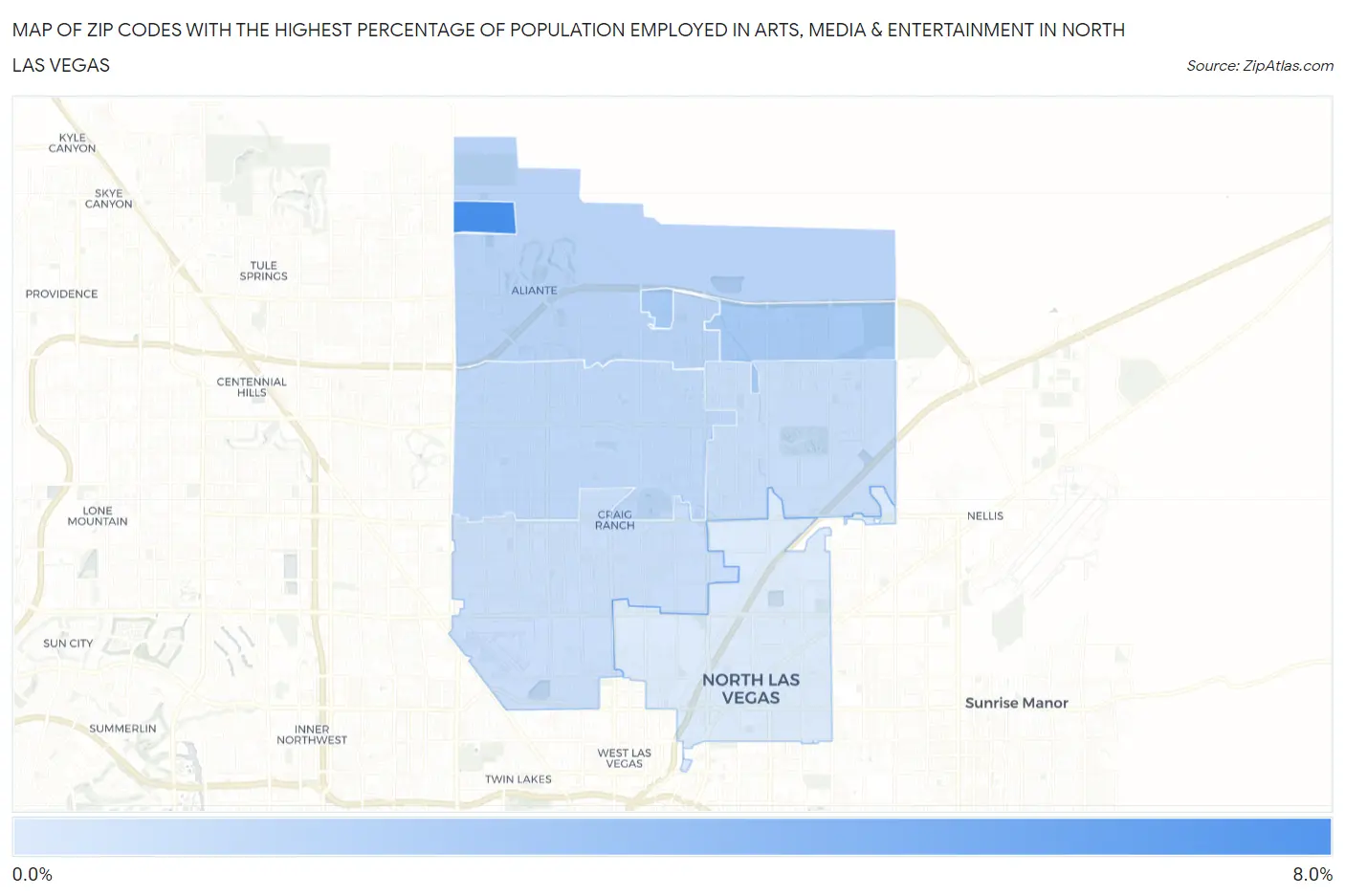 Zip Codes with the Highest Percentage of Population Employed in Arts, Media & Entertainment in North Las Vegas Map
