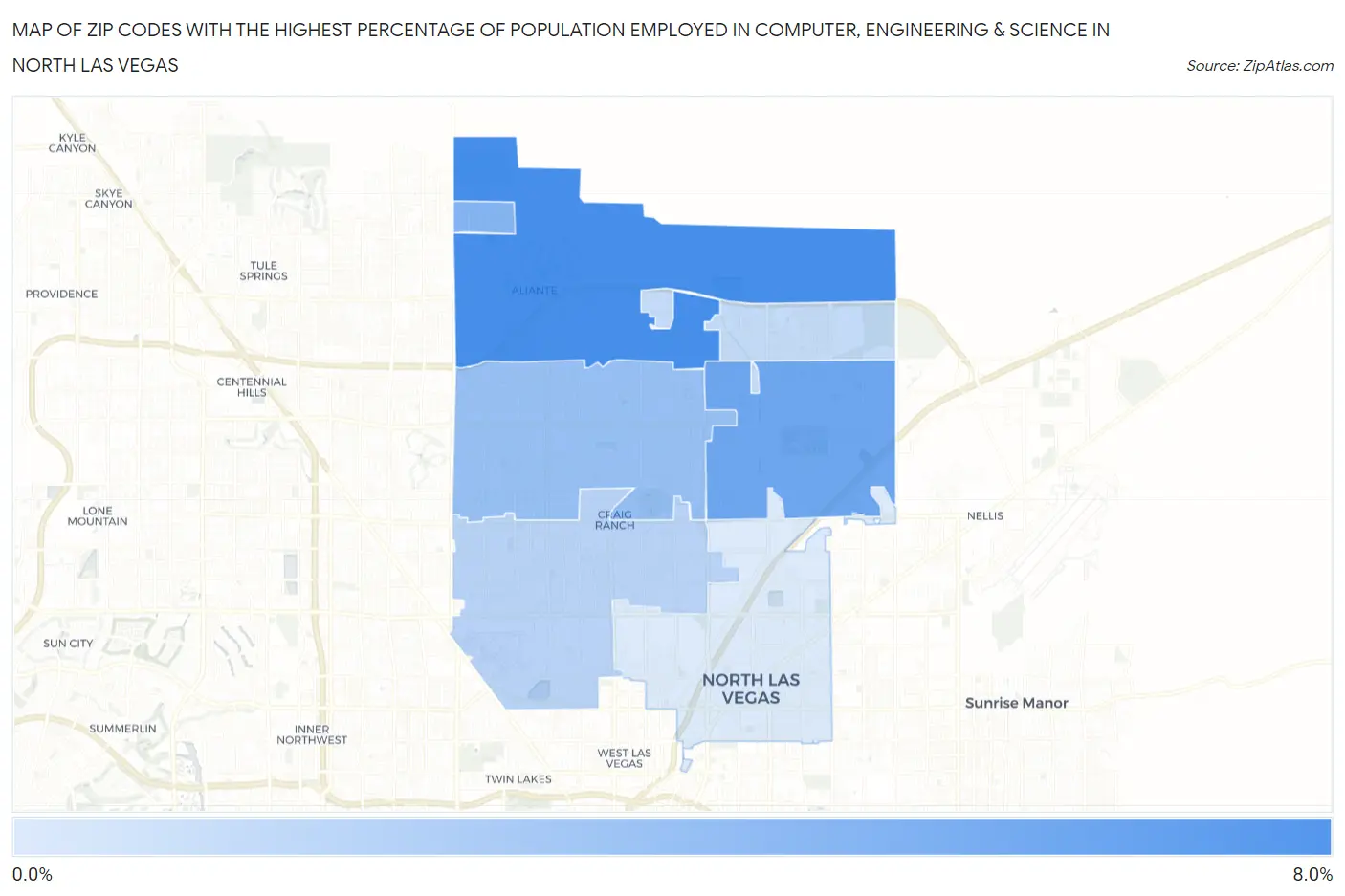 Zip Codes with the Highest Percentage of Population Employed in Computer, Engineering & Science in North Las Vegas Map