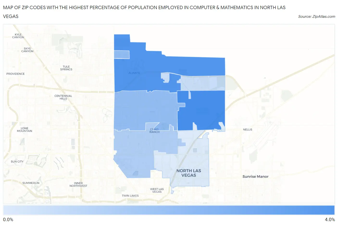 Zip Codes with the Highest Percentage of Population Employed in Computer & Mathematics in North Las Vegas Map