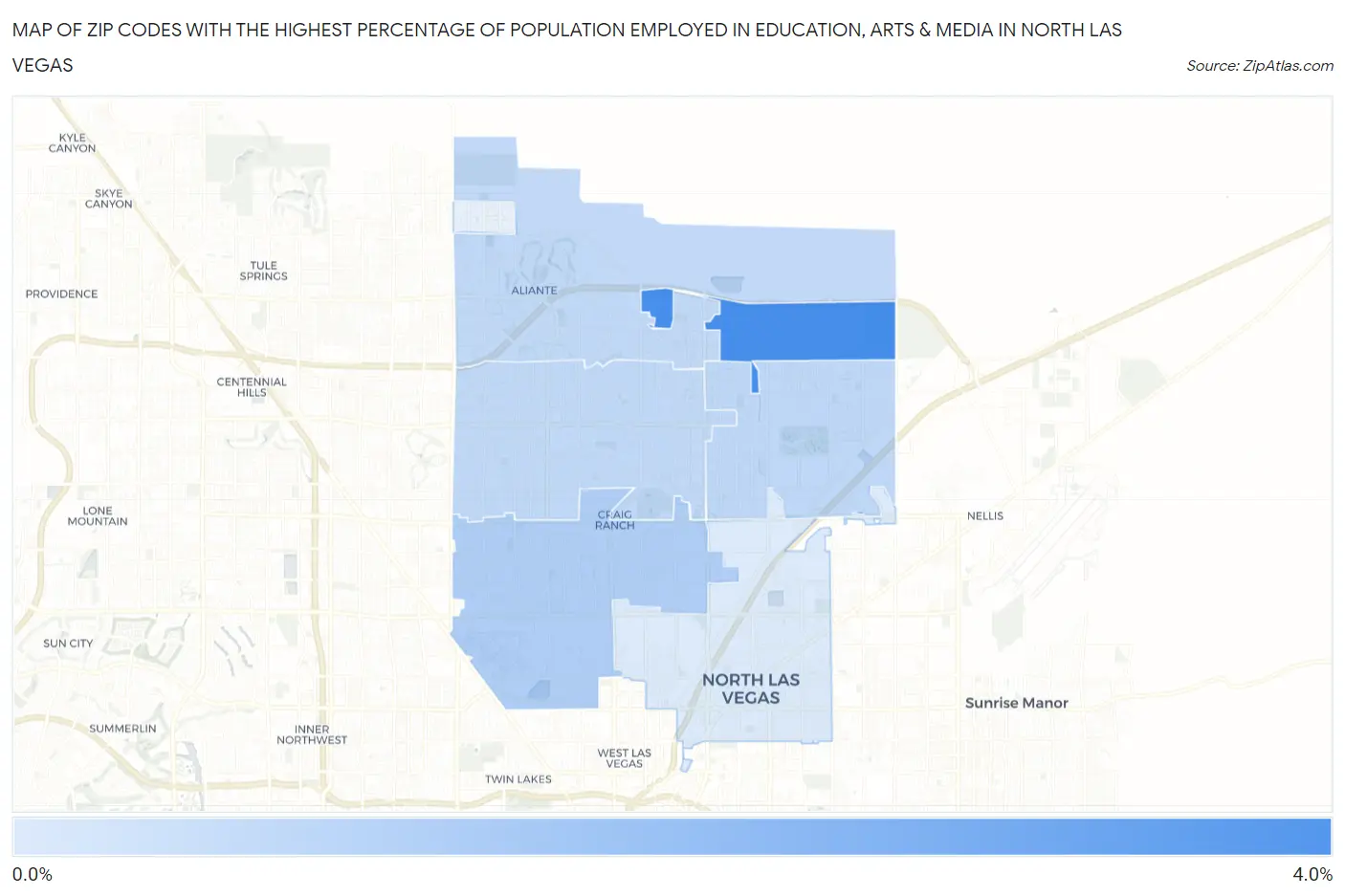 Zip Codes with the Highest Percentage of Population Employed in Education, Arts & Media in North Las Vegas Map