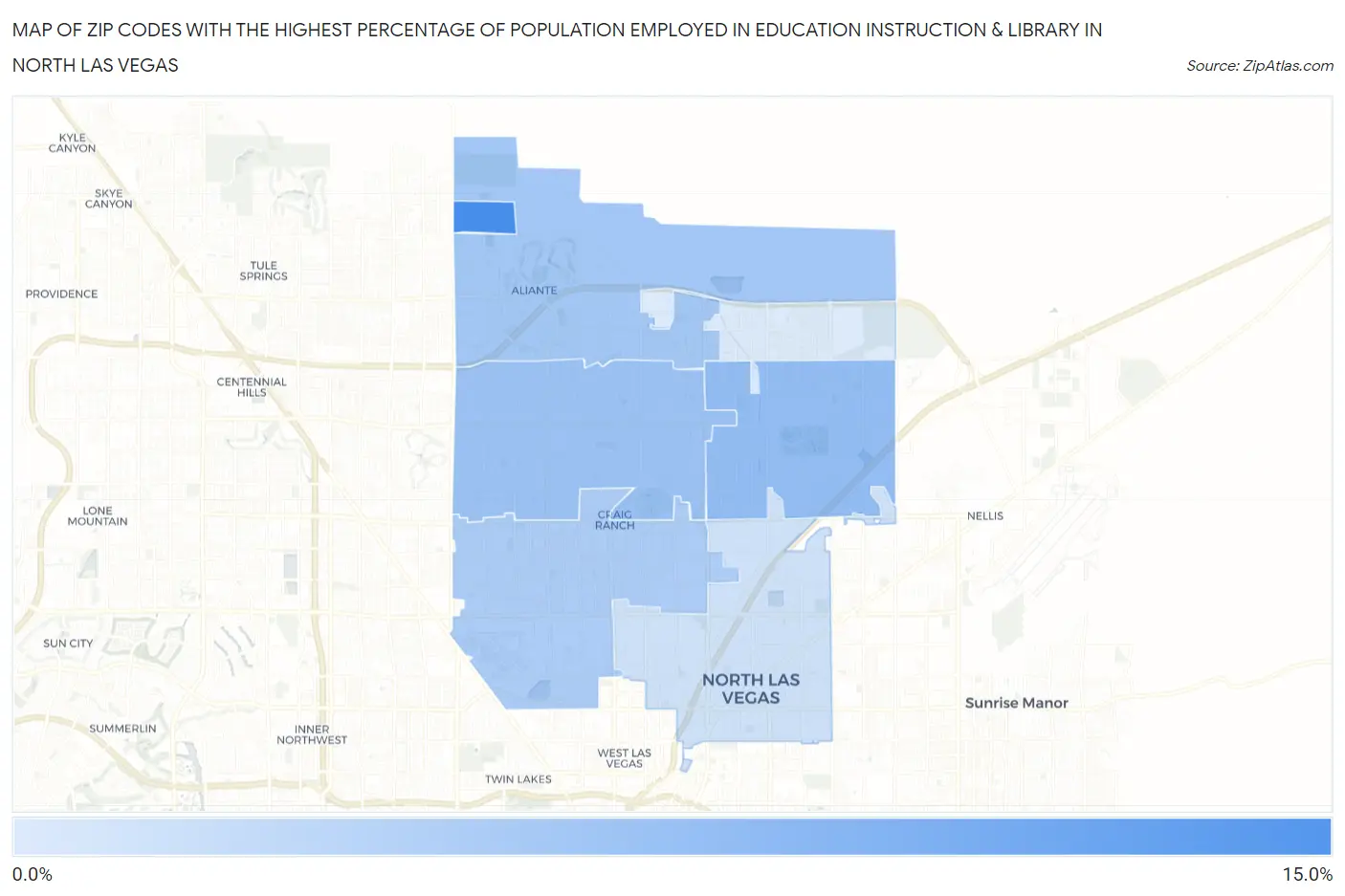 Zip Codes with the Highest Percentage of Population Employed in Education Instruction & Library in North Las Vegas Map