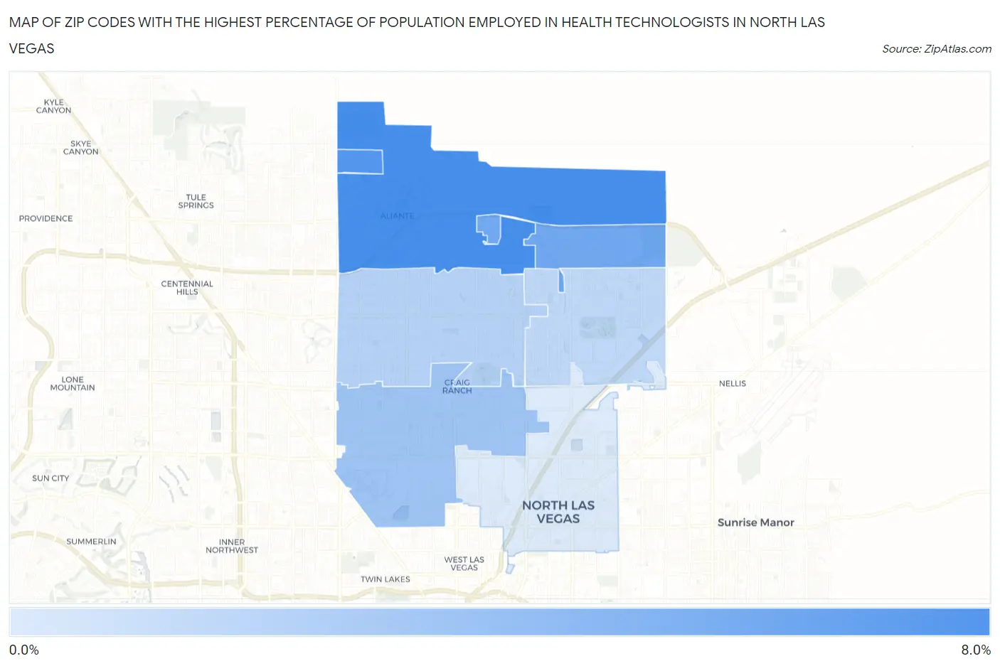 Zip Codes with the Highest Percentage of Population Employed in Health Technologists in North Las Vegas Map